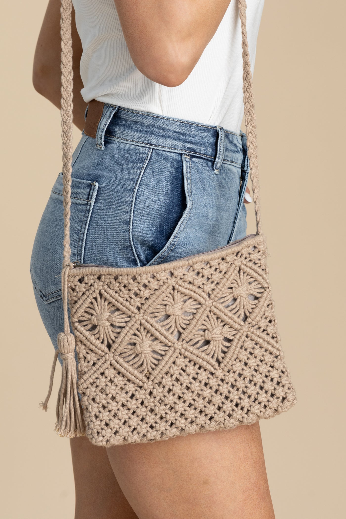 Tan Woven Boho Tassel Crochet Shoulder Bag