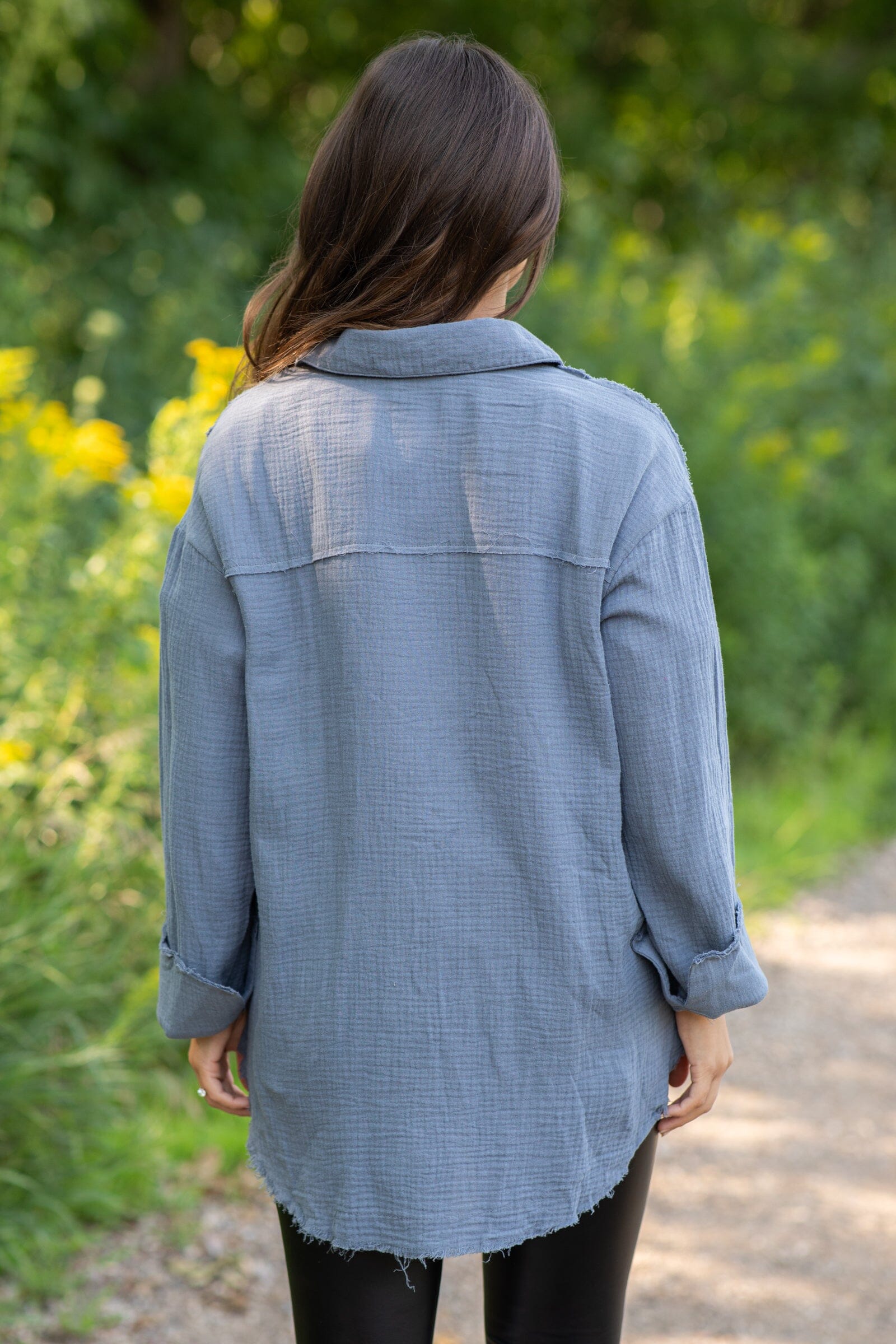 Slate Blue Gauze Textured Button Up Top - Filly Flair