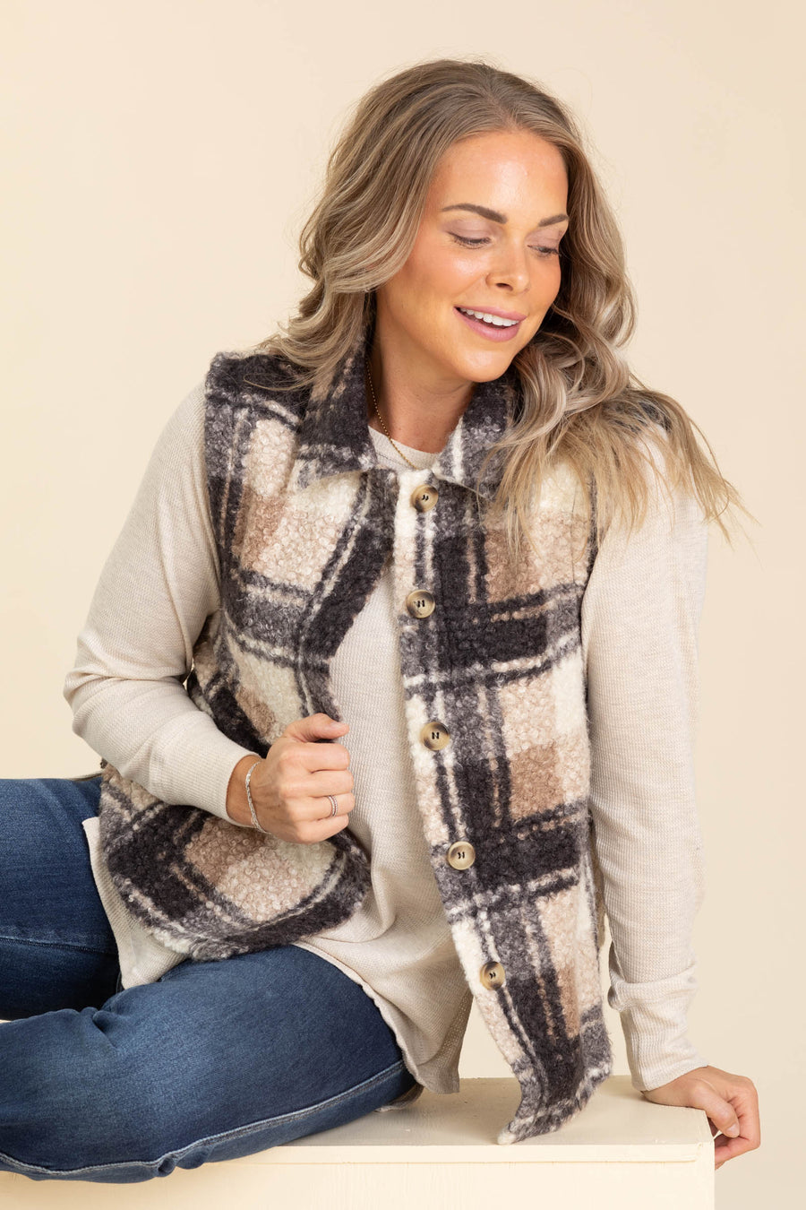 Black And Ivory Boucle Plaid Vest