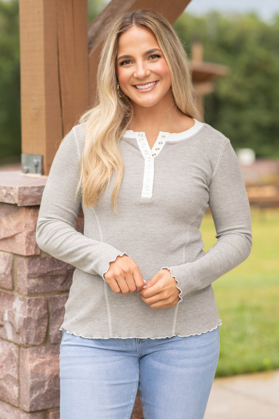 Heather Grey Thermal Henley Knit Top