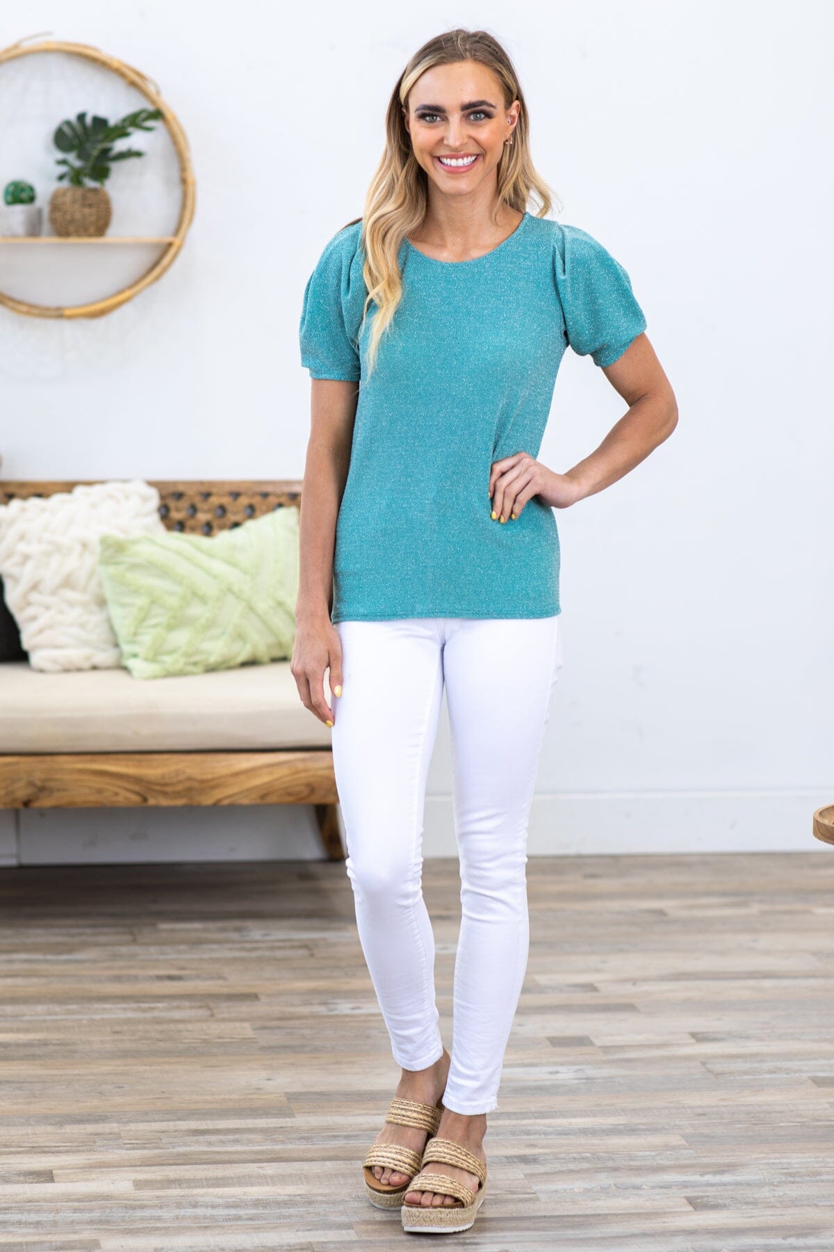 Teal Puff Sleeve Lightweight Sweater Knit Top - Filly Flair