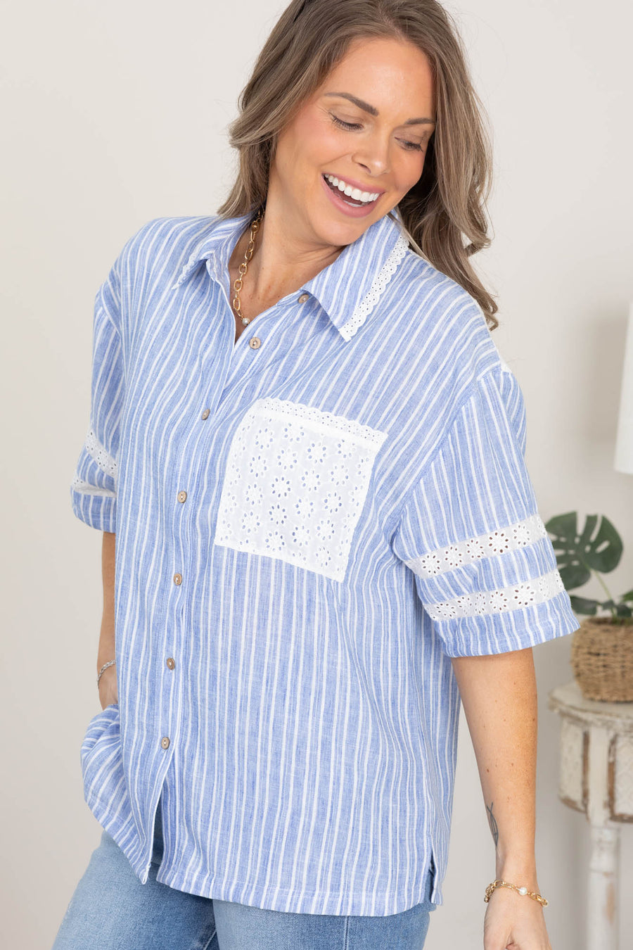 Blue and White Stripe Top With Lace Trim