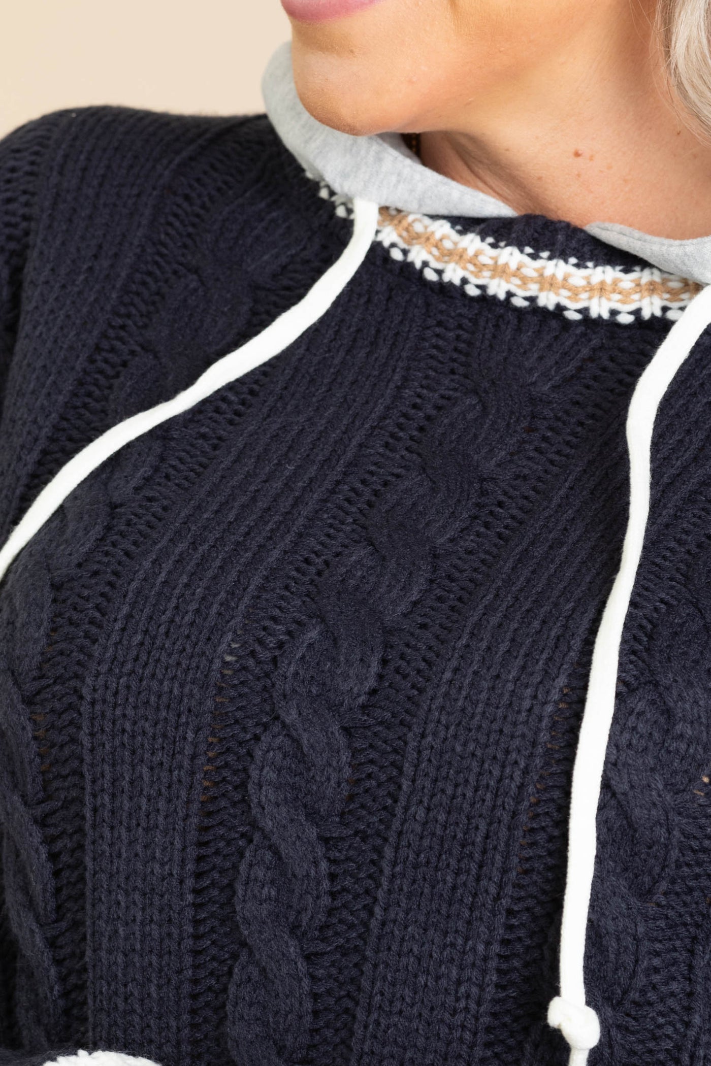 Navy Cable Knit Sweater With Knit Hood