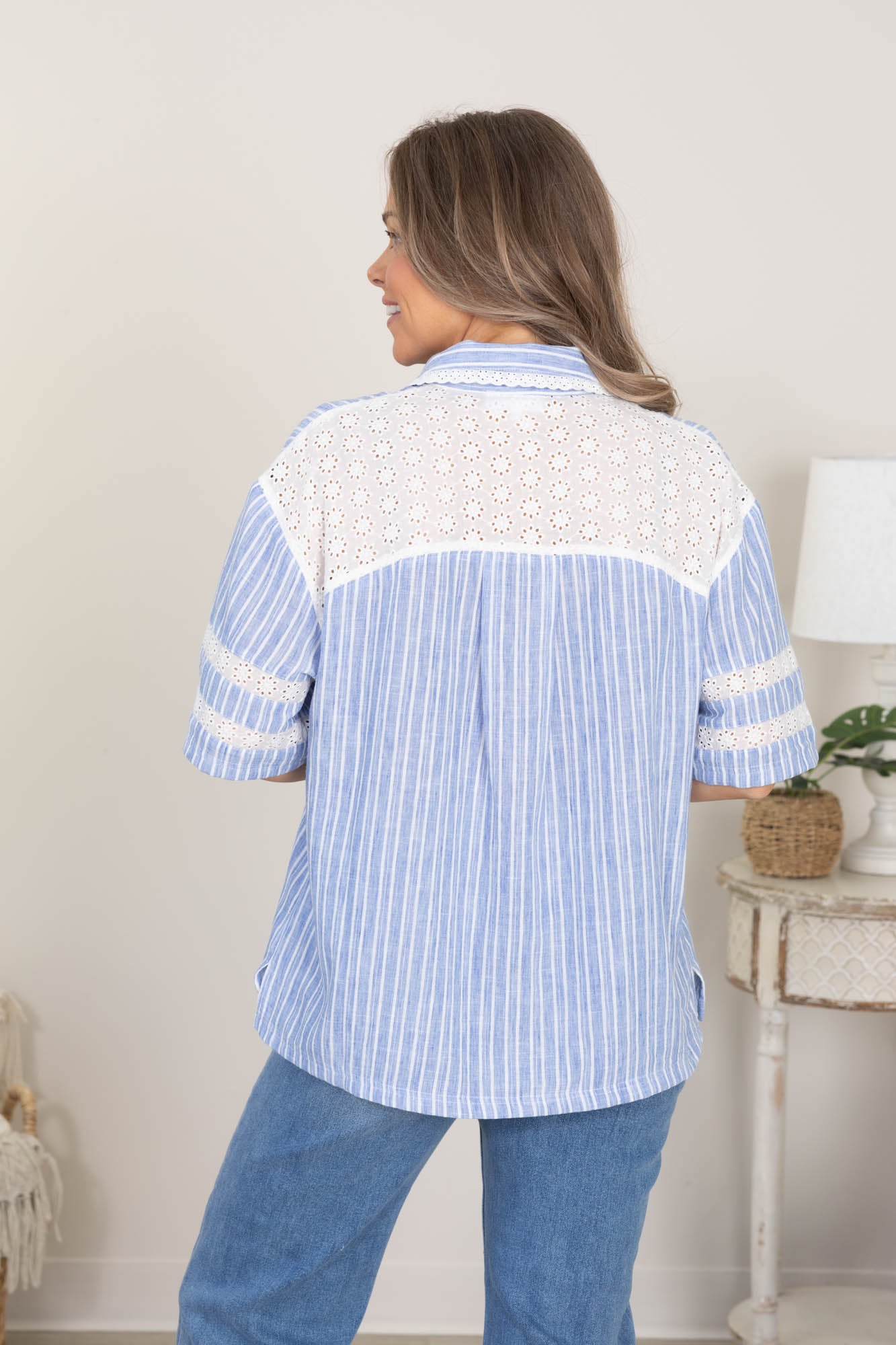 Blue and White Stripe Top With Lace Trim