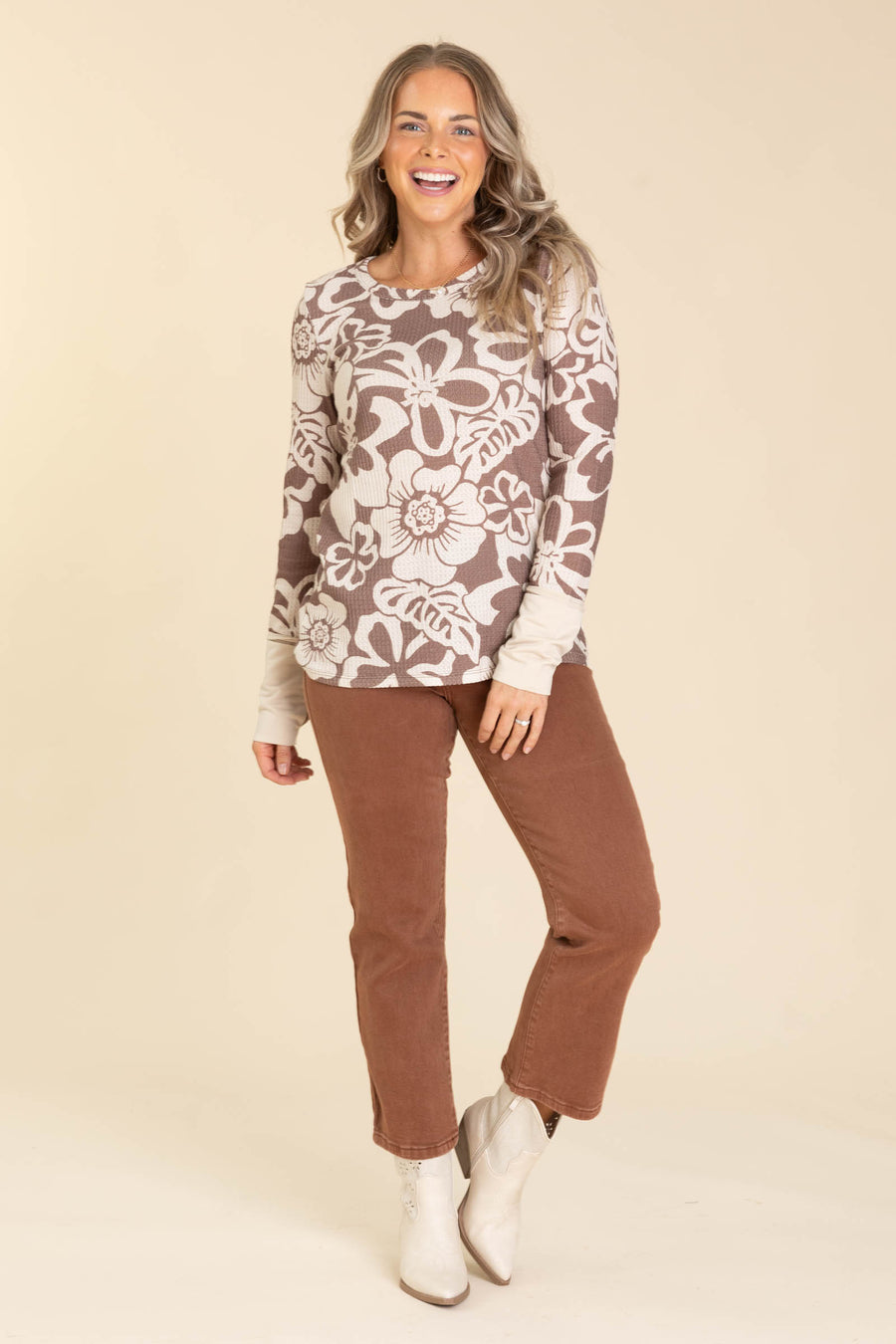 Mocha Floral Print Waffle Knit With Thumbholes