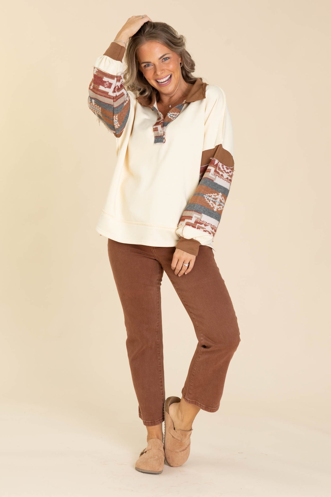 Cream French Terry And Aztec Print Top