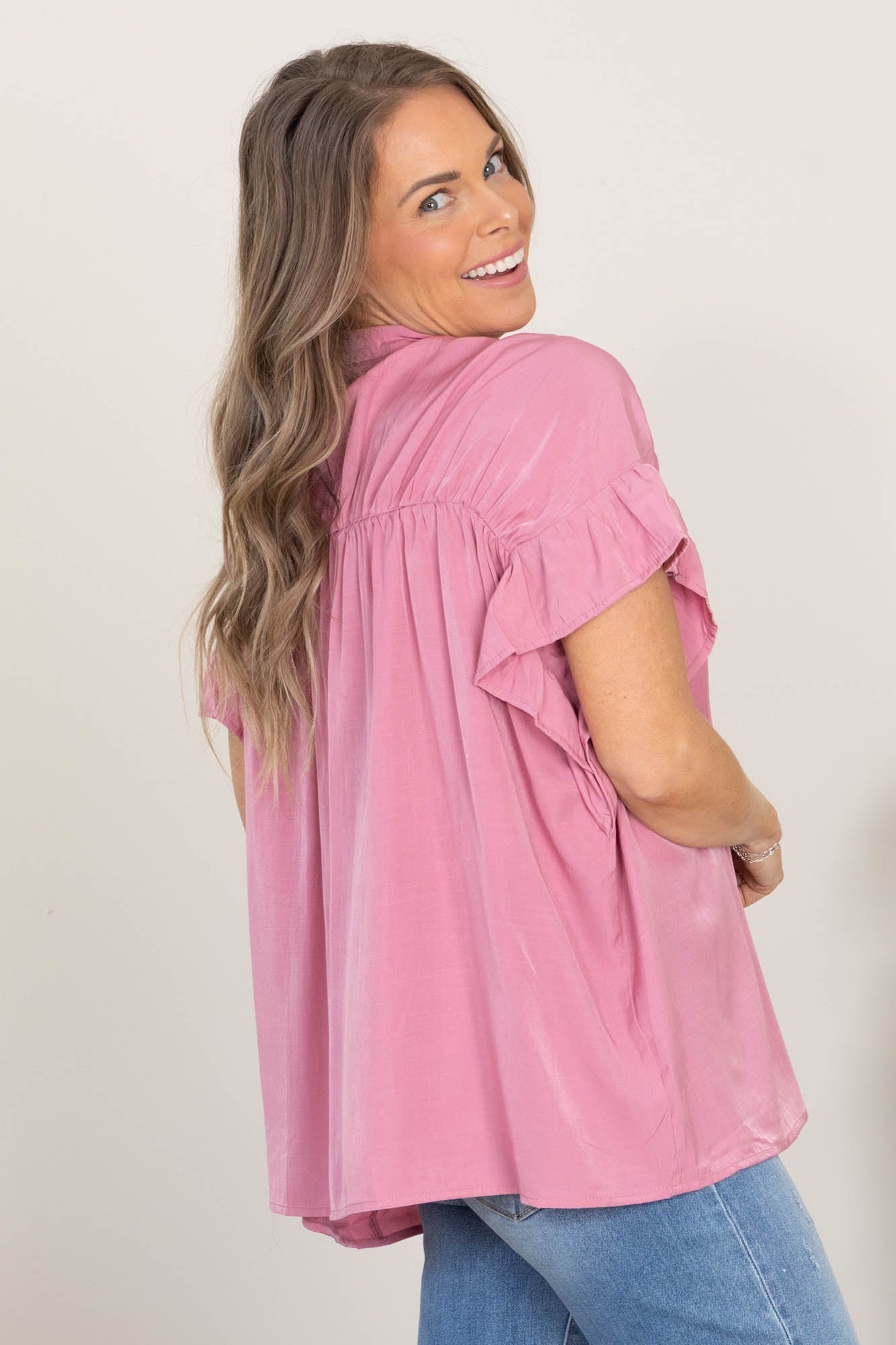 Blush Loose Fit Silky Woven Shirred Top