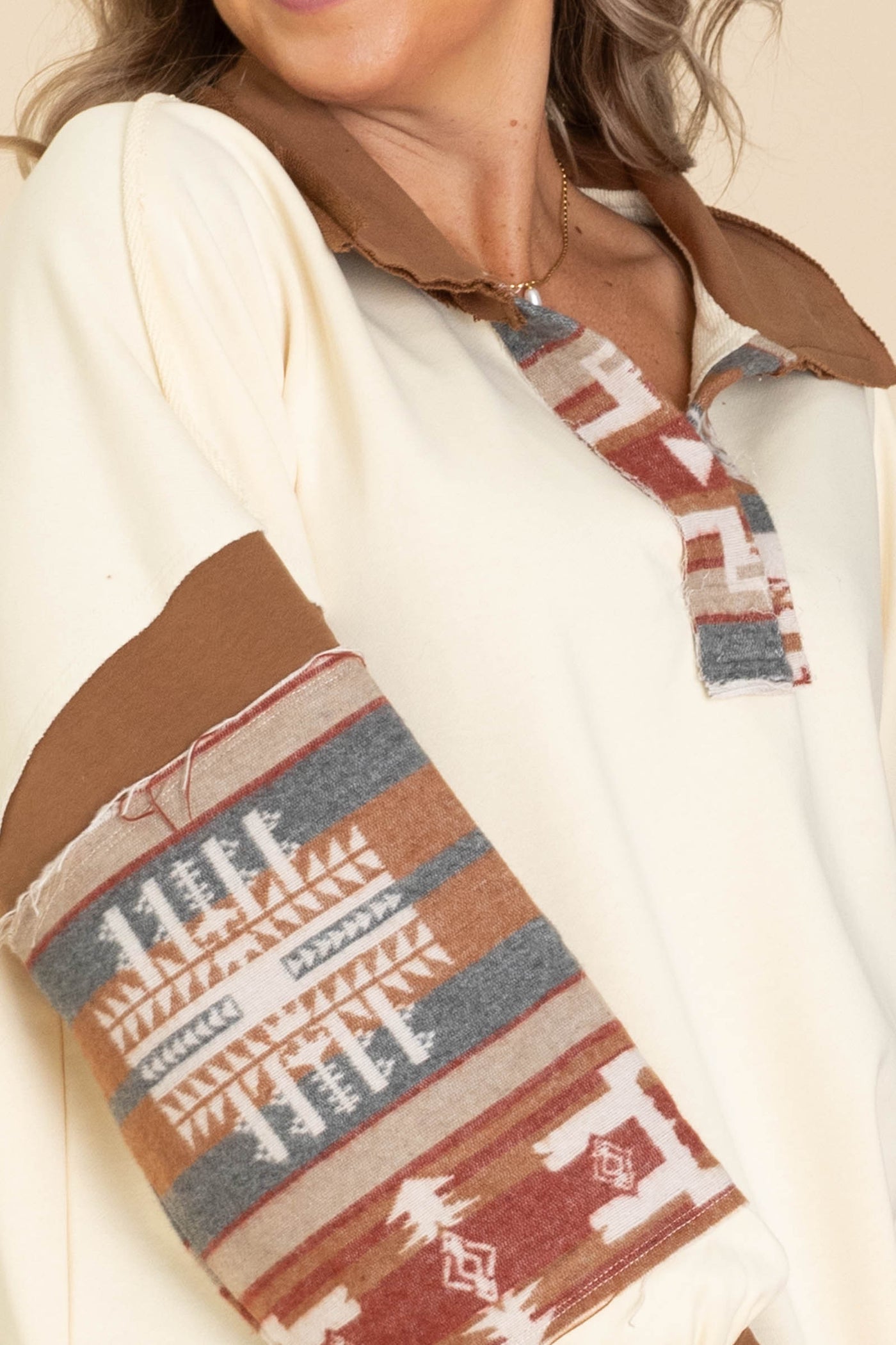 Cream French Terry And Aztec Print Top