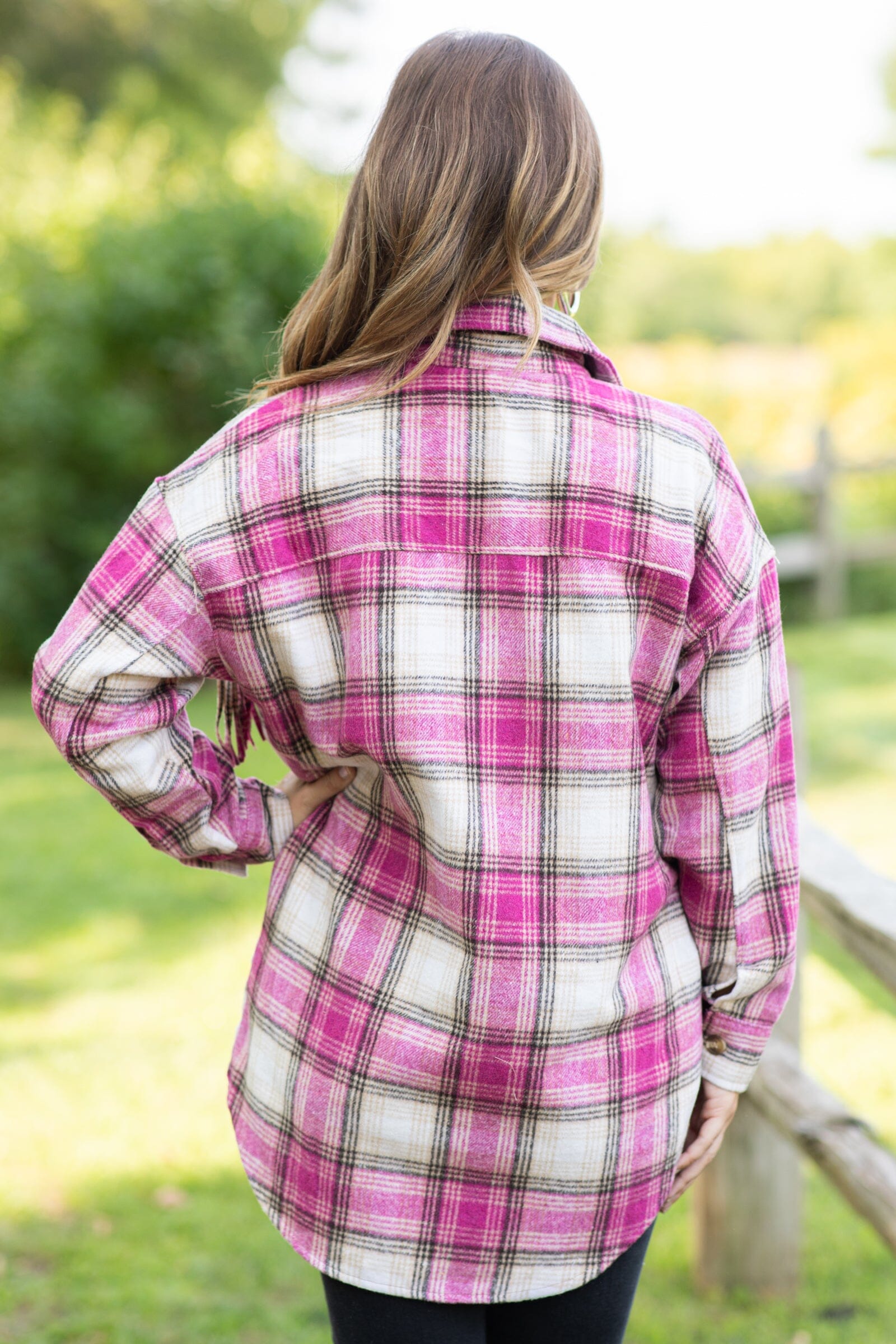 Fuchsia and Ivory Plaid Shacket With Fringe - Filly Flair