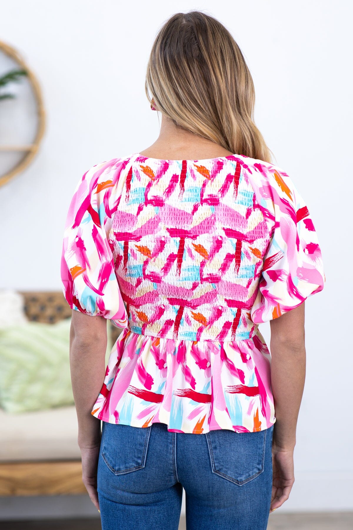 Pink Multicolor Smocked Brush Stroke Print Top - Filly Flair