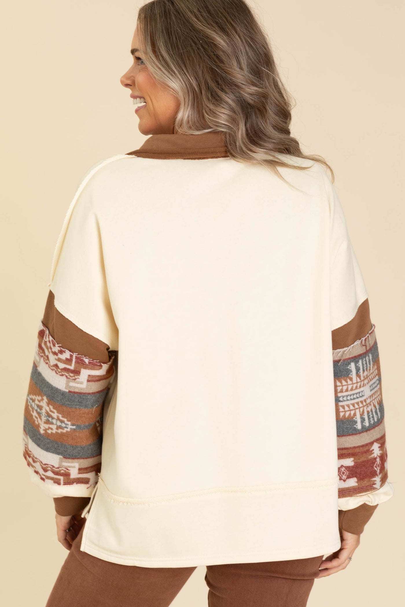 Cream French Terry And Aztec Print Top
