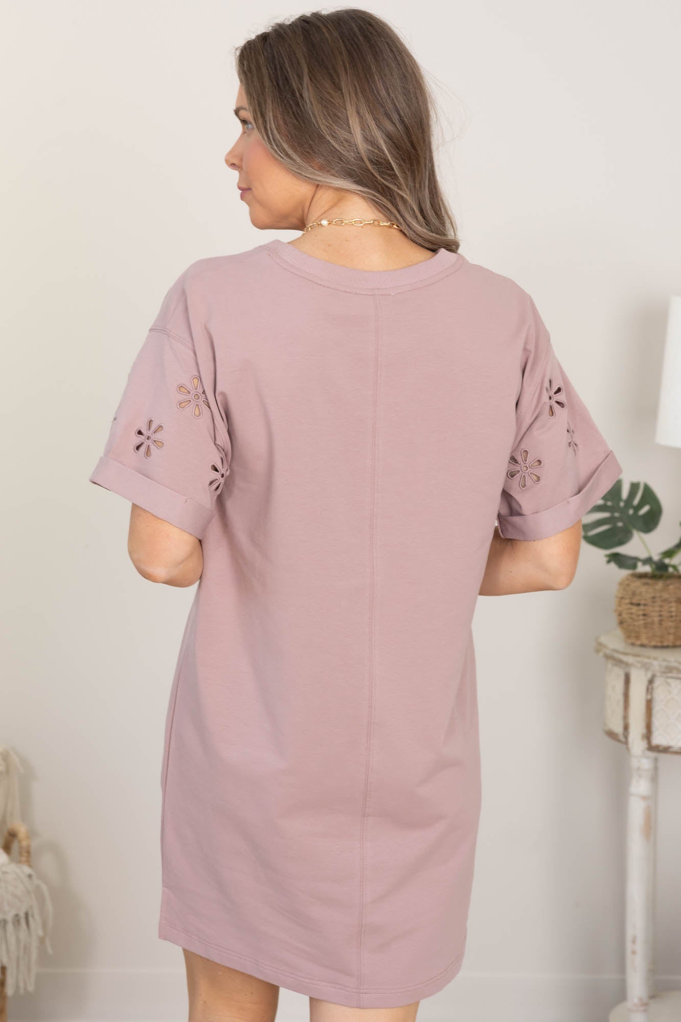 Dusty Rose Short Sleeve Cut Out Floral Dress