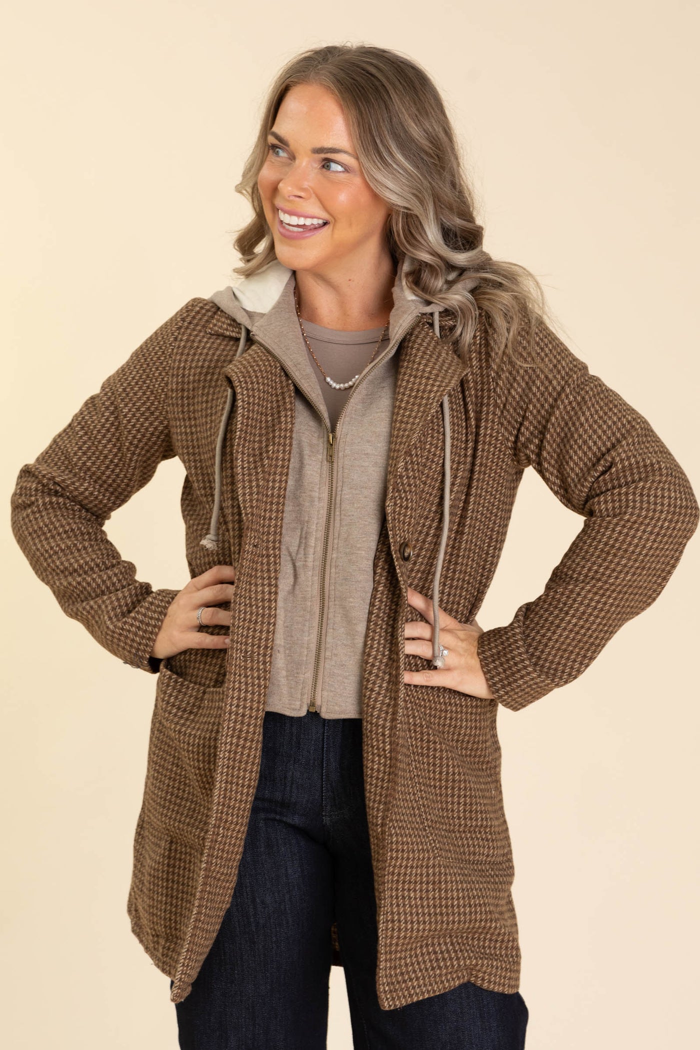 Camel Houndstooth Blazer With Sweatshirt Lining