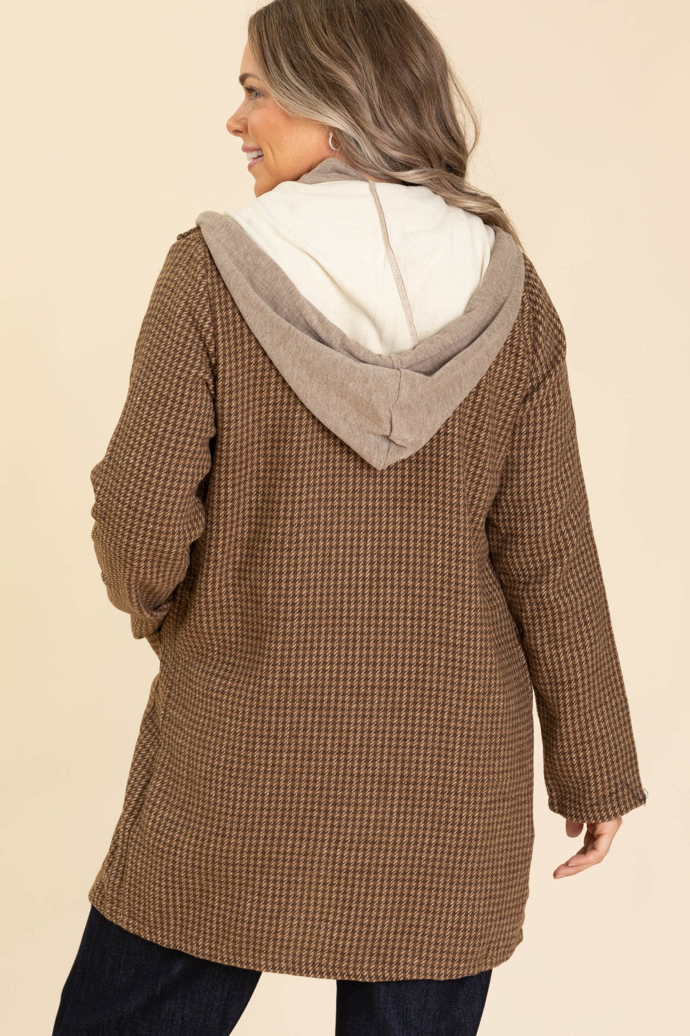 Camel Houndstooth Blazer With Sweatshirt Lining