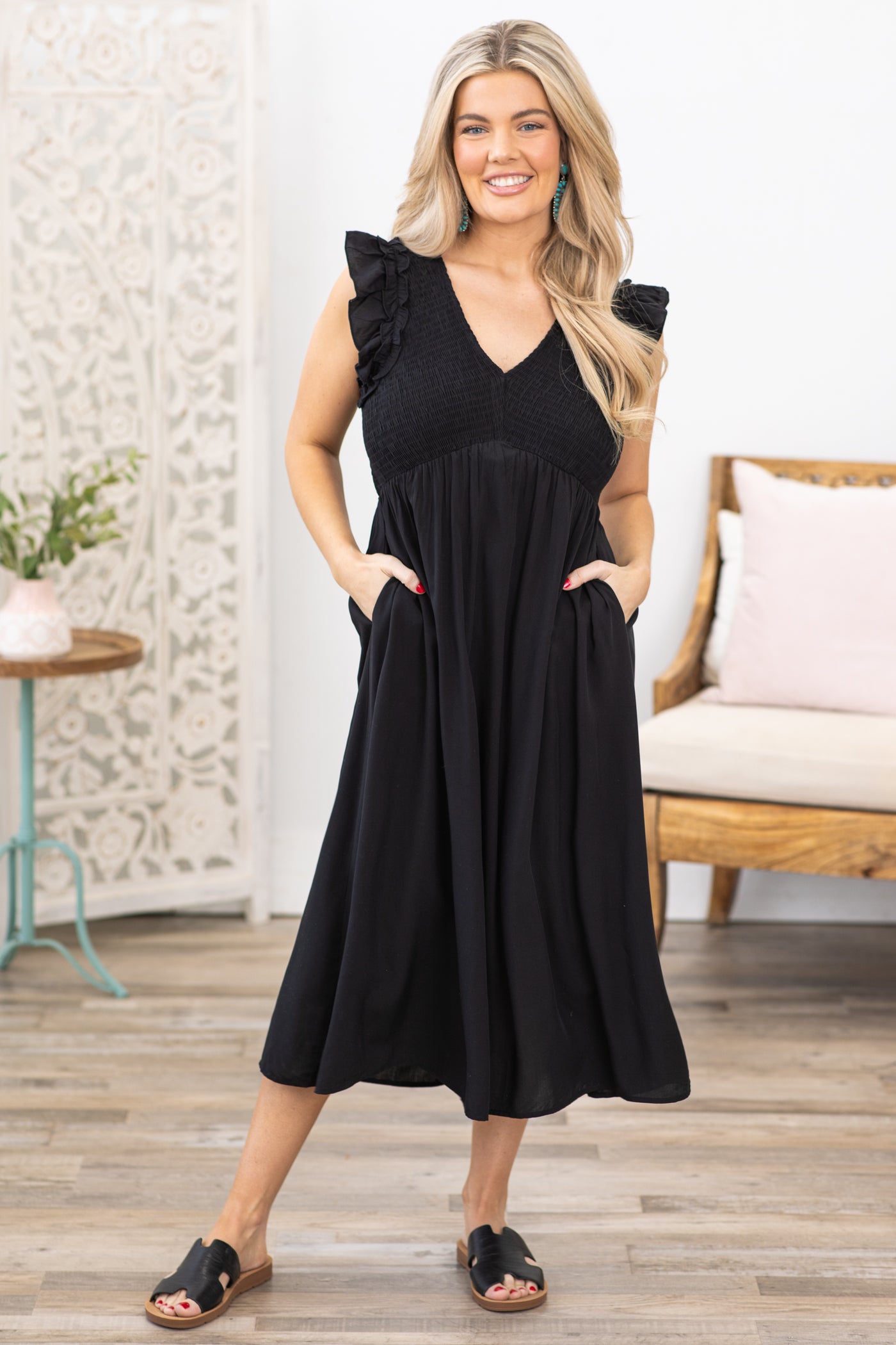 Black Smocked V-Neck Midi Dress · Filly Flair