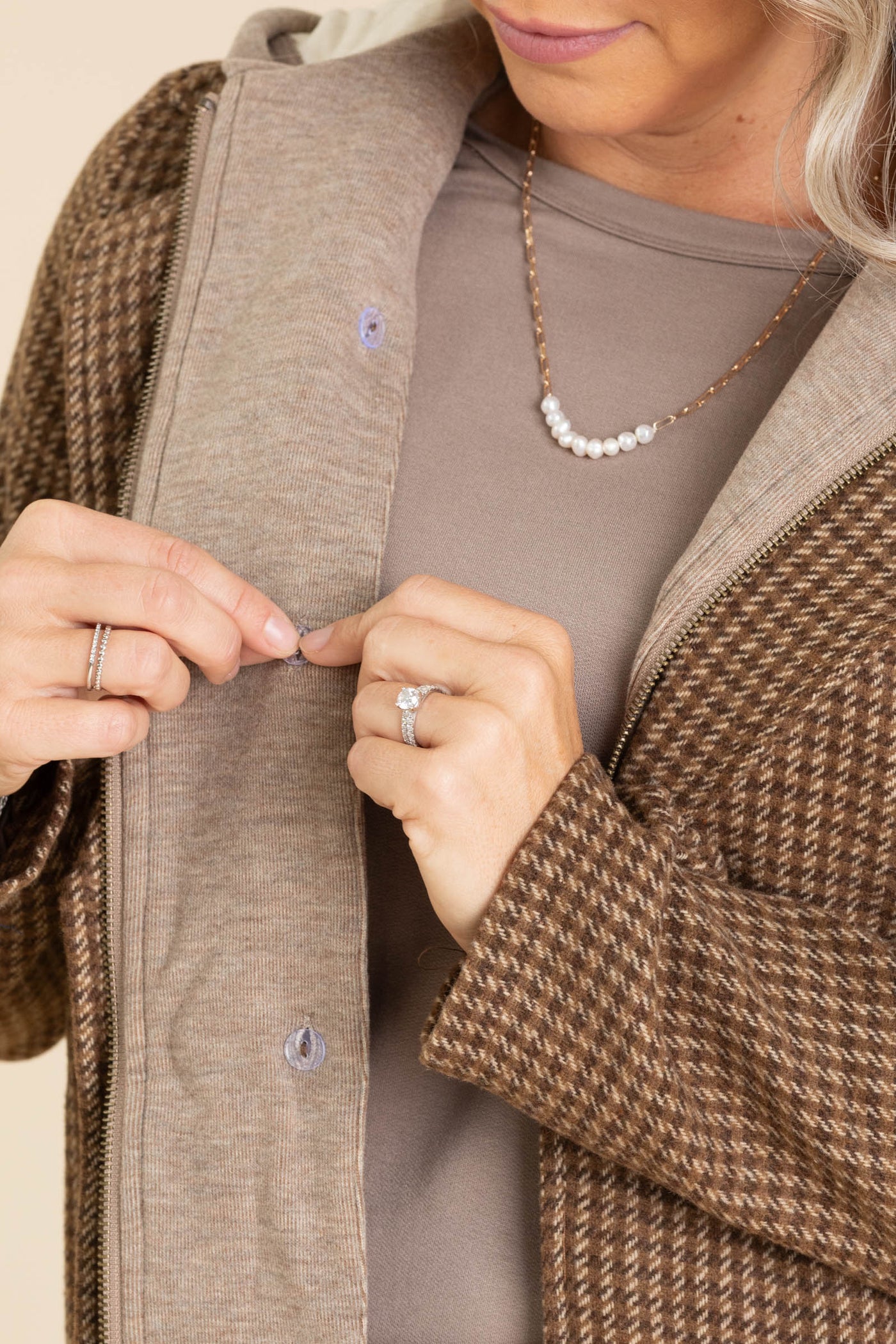 Camel Houndstooth Blazer With Sweatshirt Lining