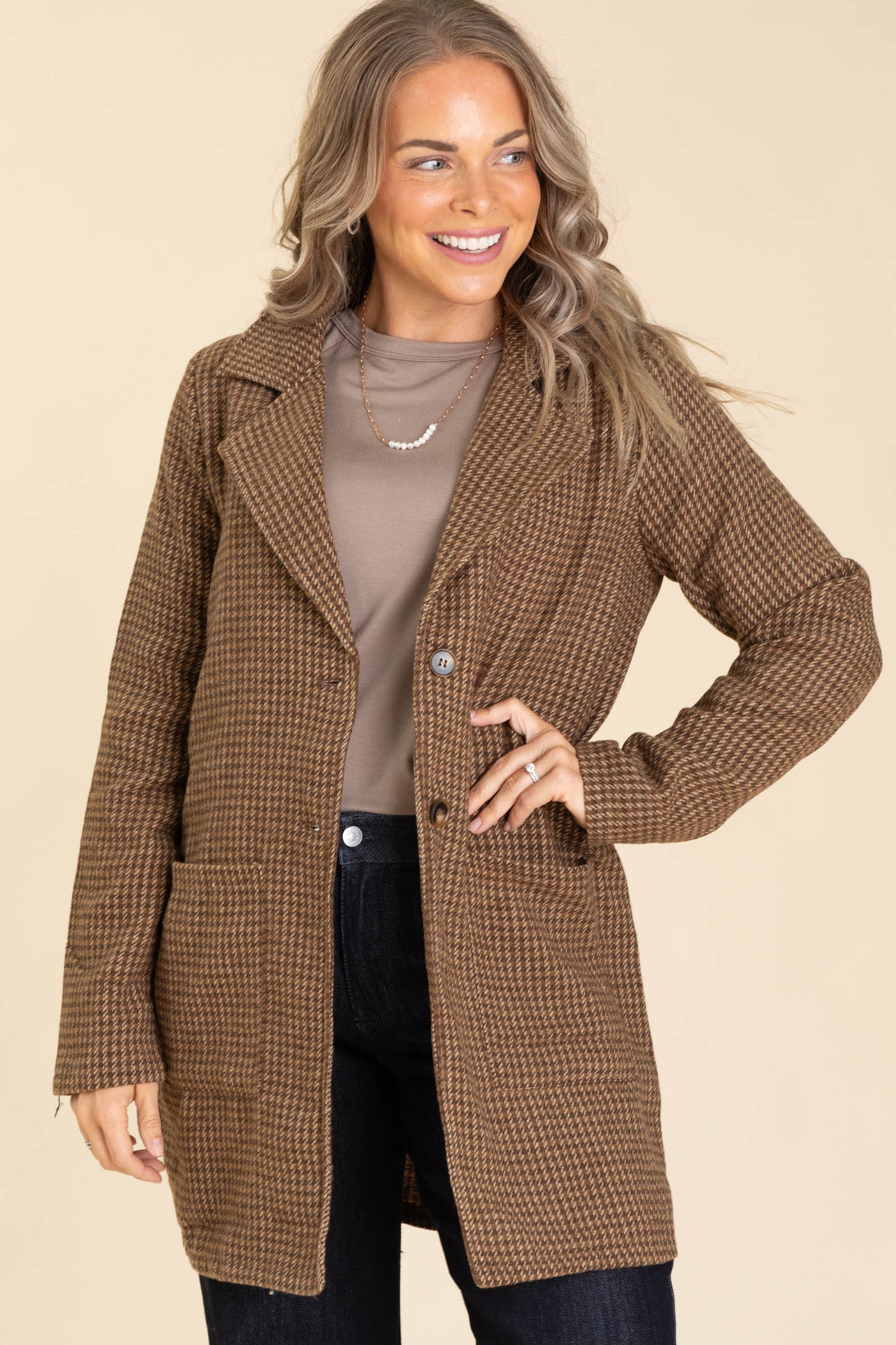 Camel Houndstooth Blazer With Sweatshirt Lining