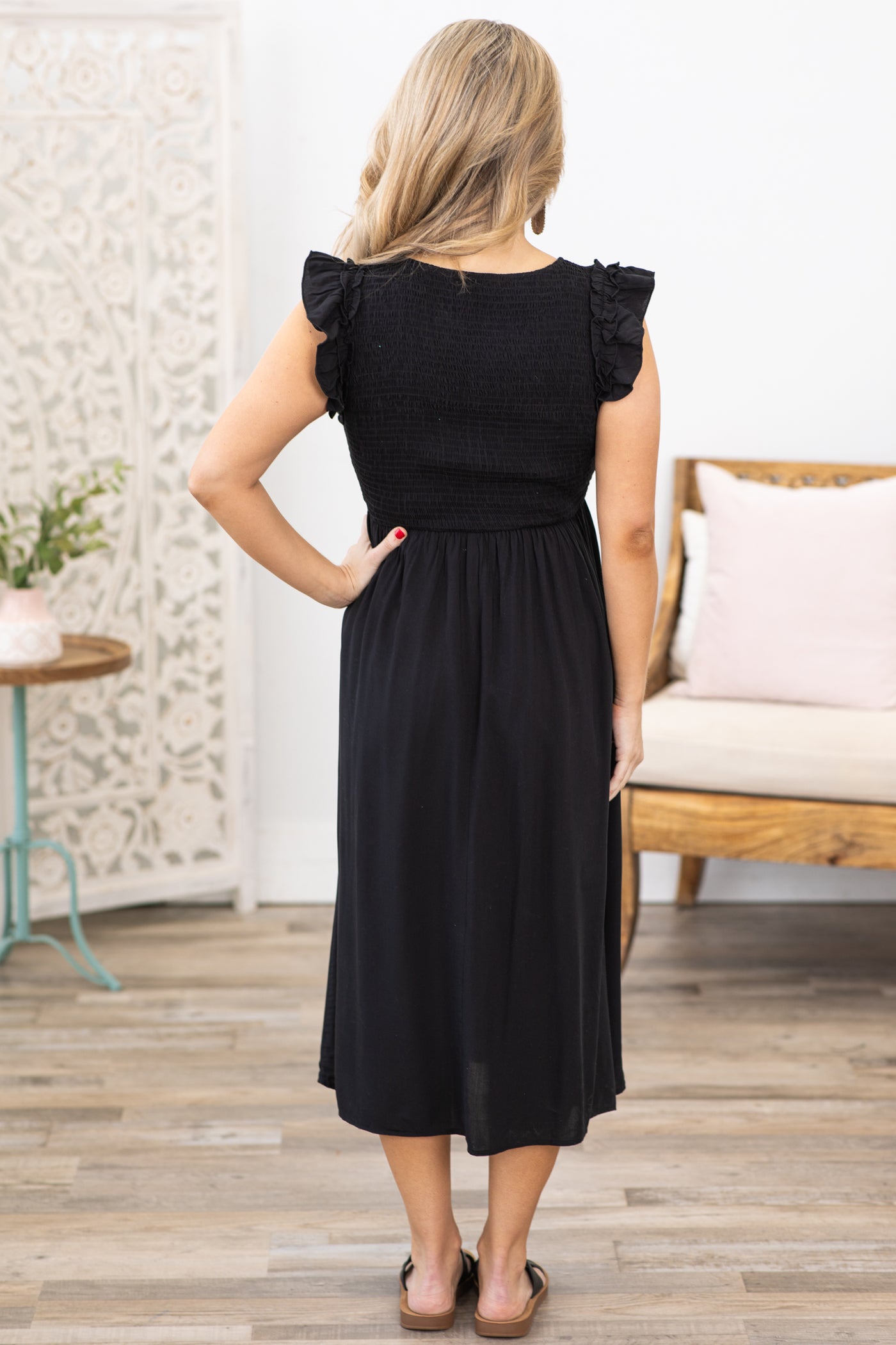 Black Smocked V-Neck Midi Dress · Filly Flair