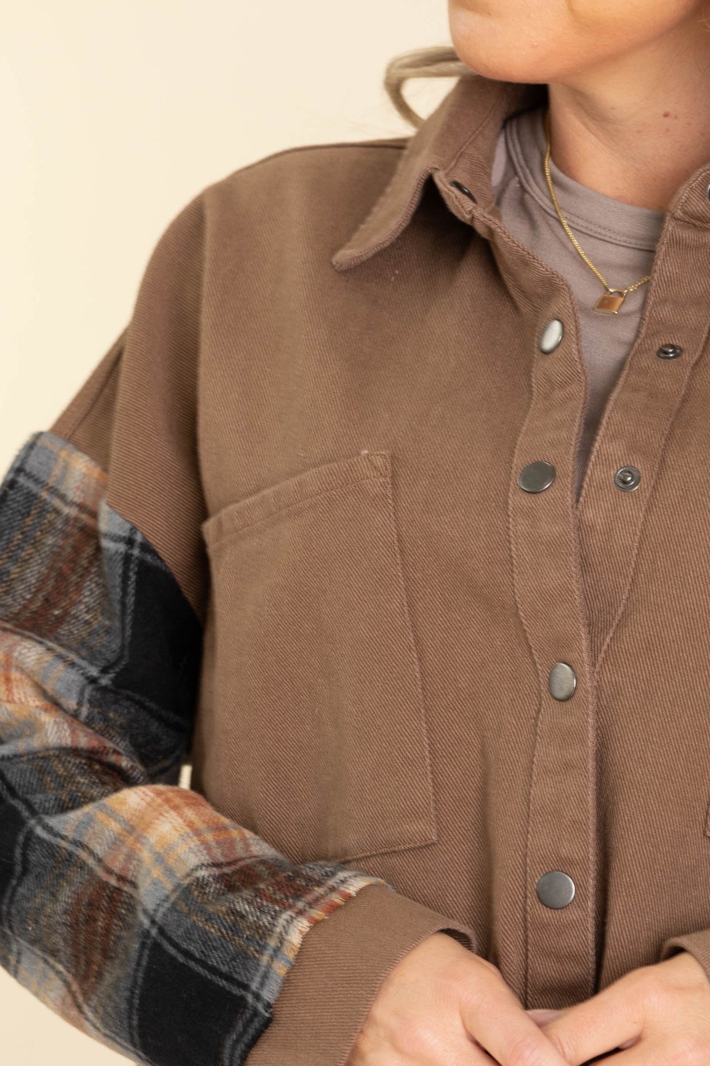 Mocha Jacket With Plaid Sleeve And Frayed Hem