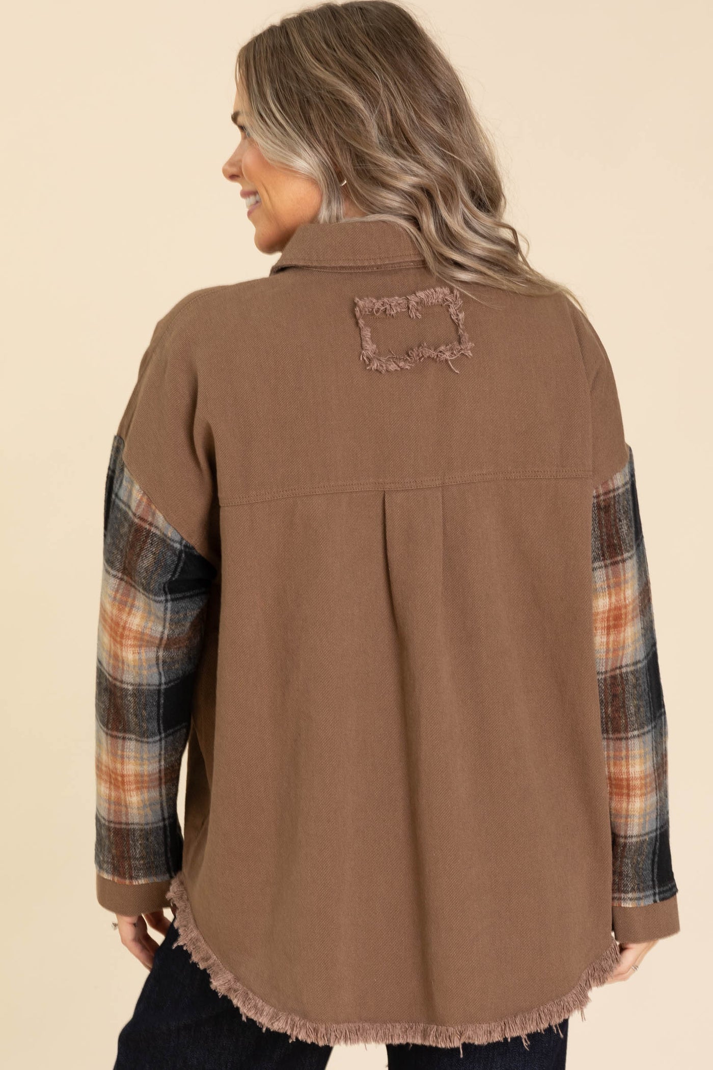 Mocha Jacket With Plaid Sleeve And Frayed Hem