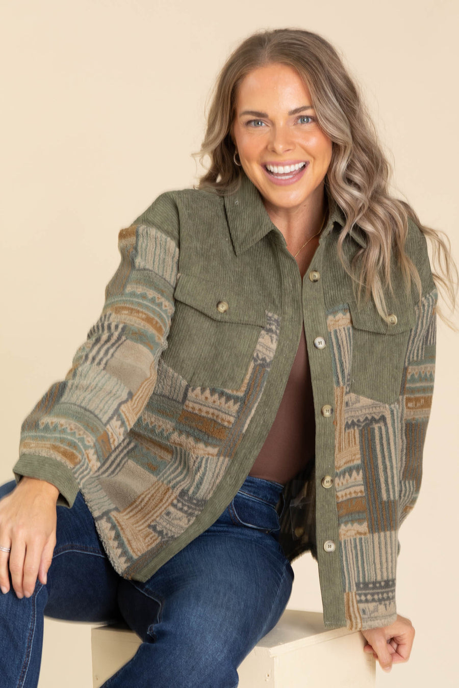 Olive Corduroy Shacket With Aztec Print