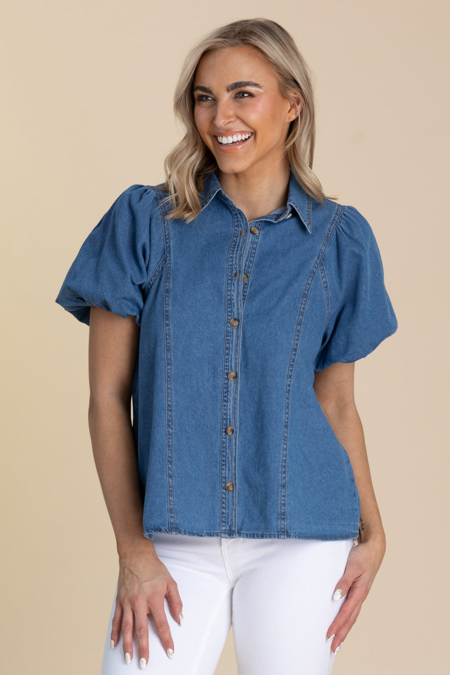 Denim Blue Button Up Top With Puff Sleeves