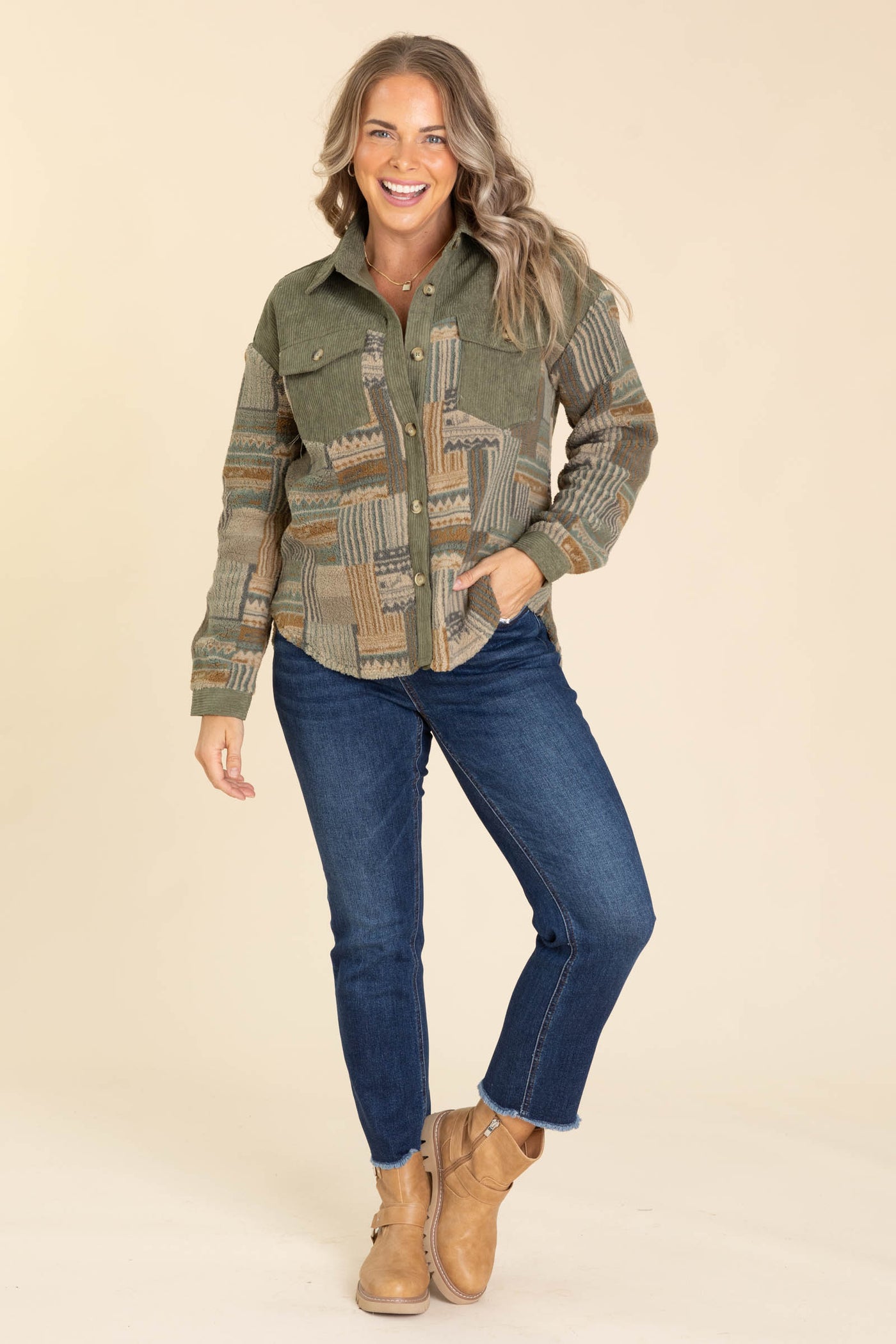 Olive Corduroy Shacket With Aztec Print