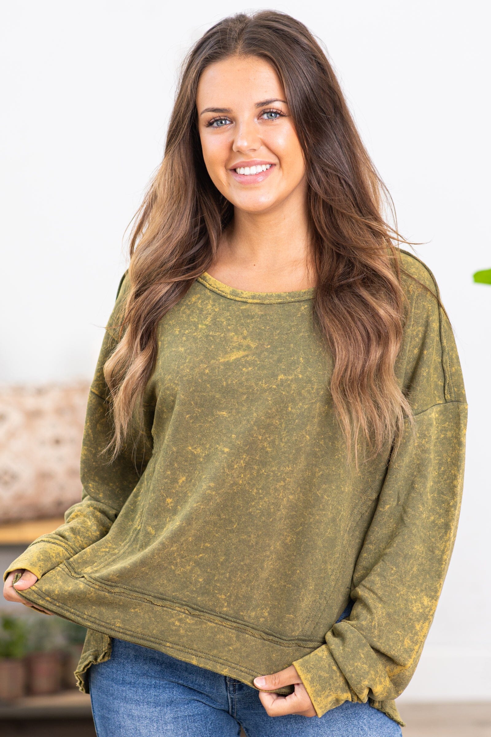 Olive Mineral Washed Sweatshirt - Filly Flair