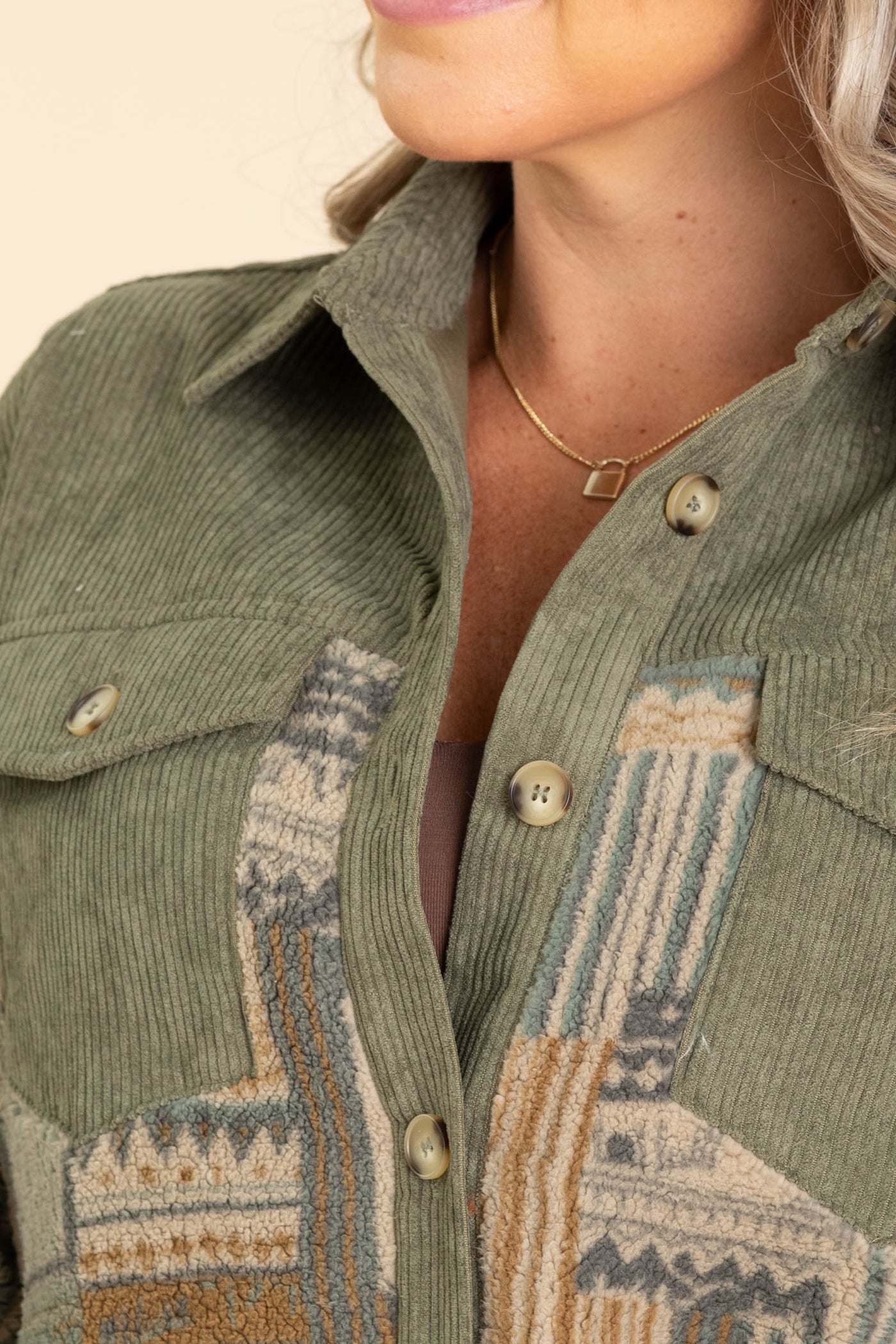 Olive Corduroy Shacket With Aztec Print