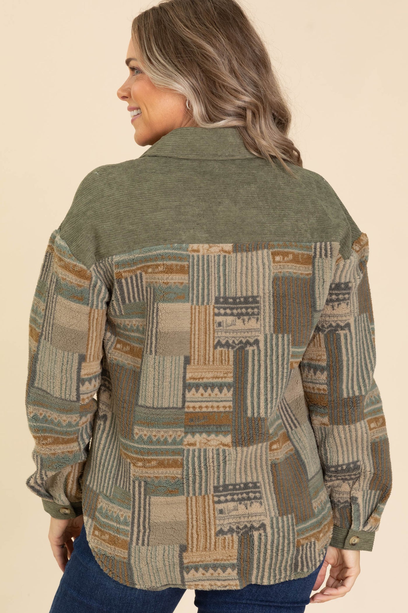 Olive Corduroy Shacket With Aztec Print