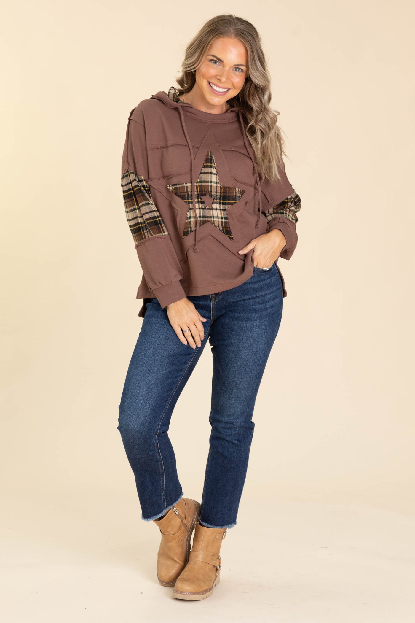 Chocolate Plaid Mix Media Top