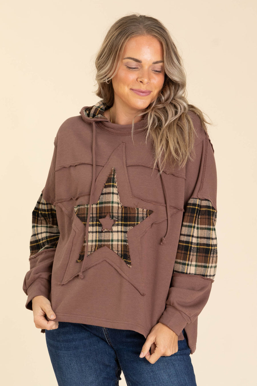 Chocolate Plaid Mix Media Top