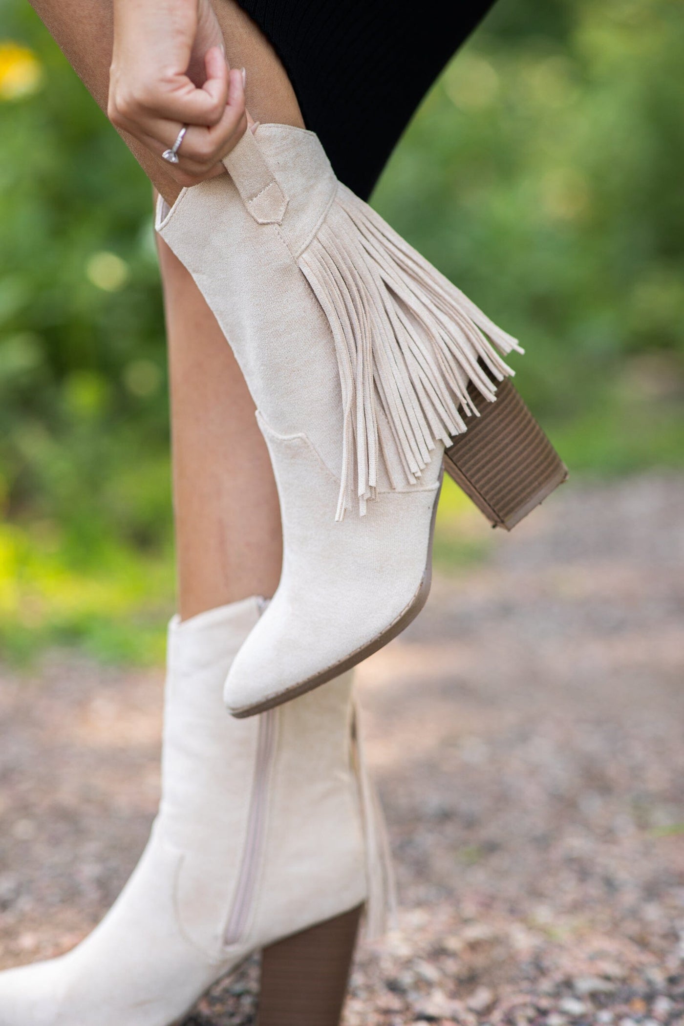 Beige Mid Calf Boots With Fringe Detail - Filly Flair