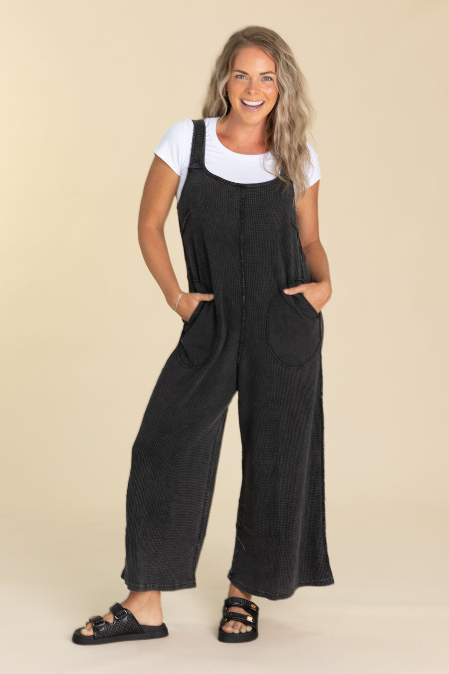 Black Ribbon Back Waffle Overall Jumpsuit