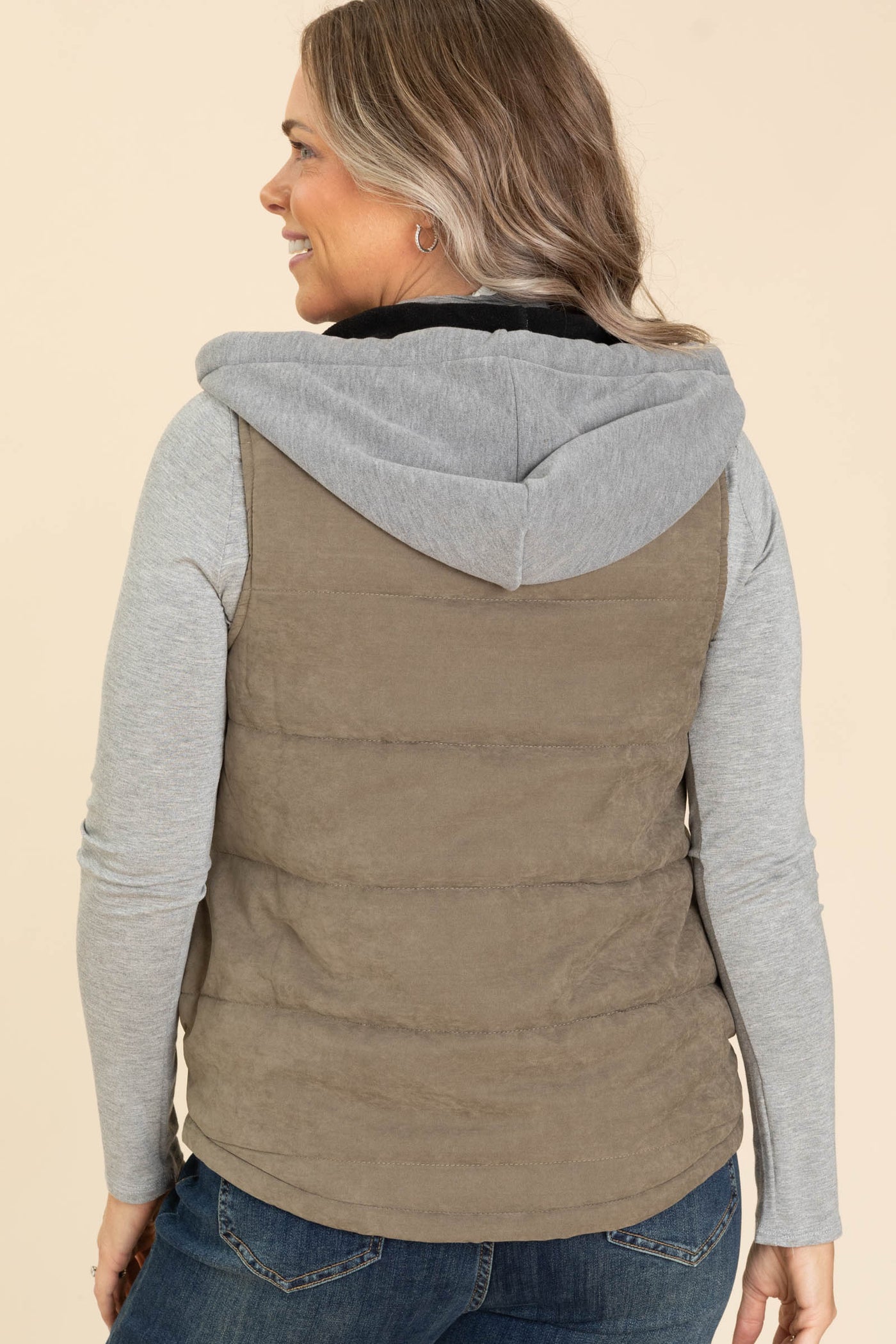 Dark Heathered Olive Vest With Knit Hood