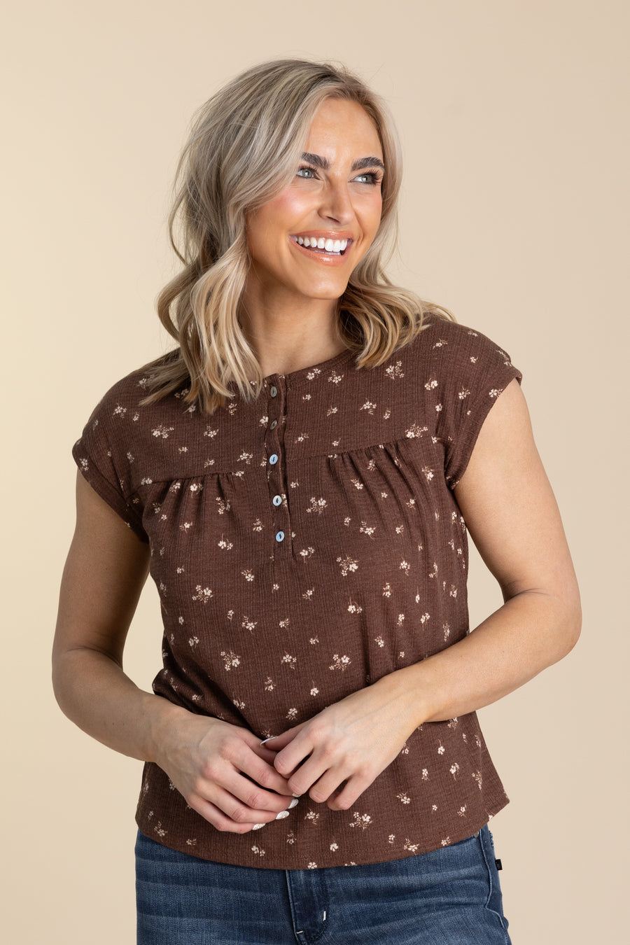 Brown Floral Button Up Knit Sleeve Top