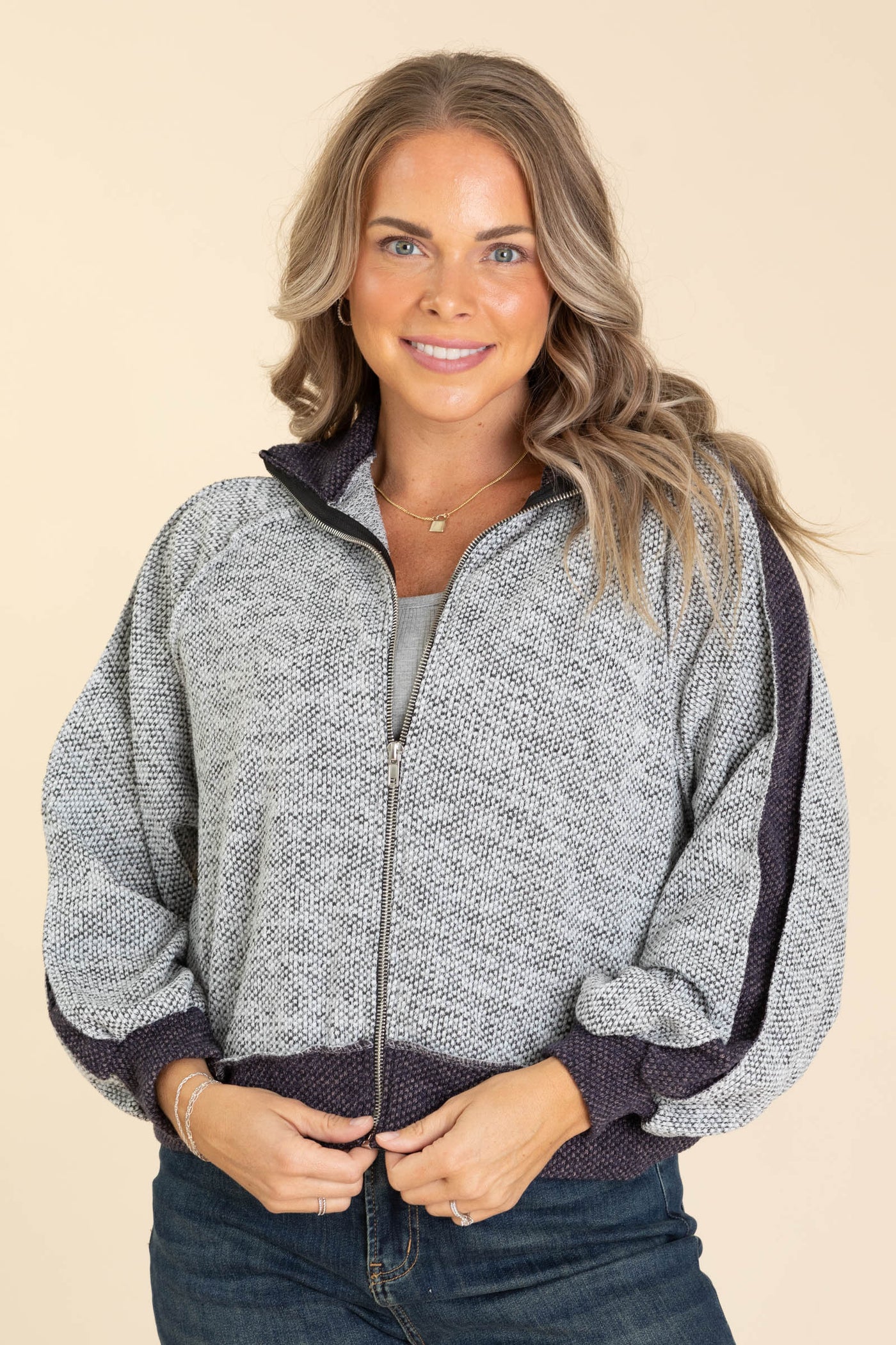 Grey Two Tone Full Zip Lightweight Jacket