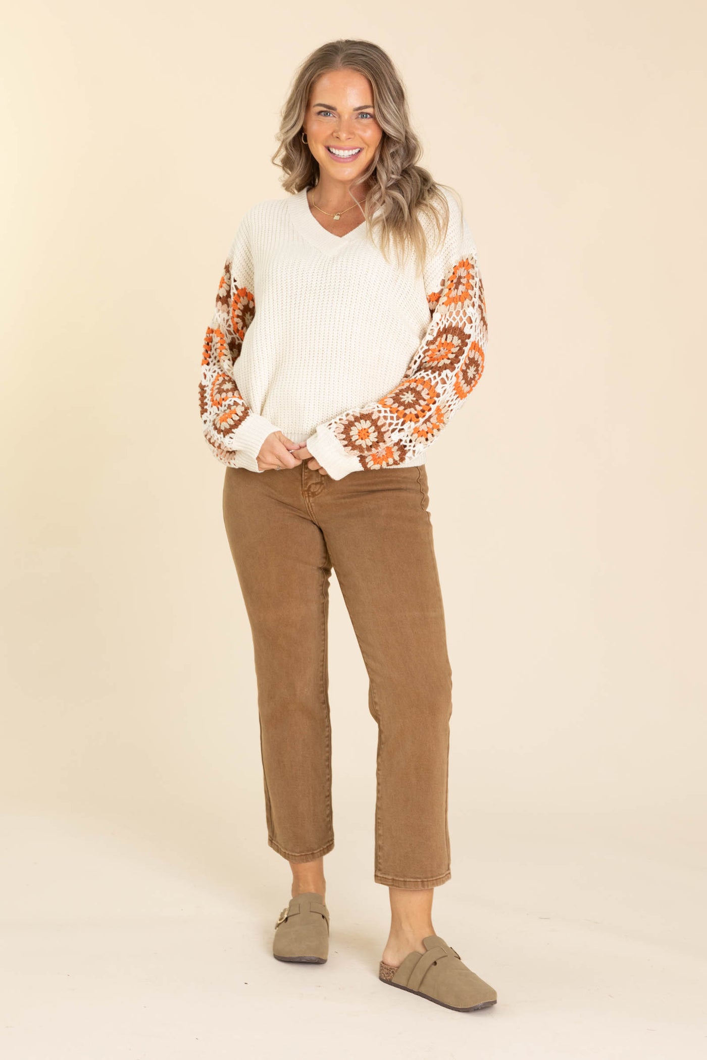 Oatmeal Granny Square Sleeve Crochet Sweater