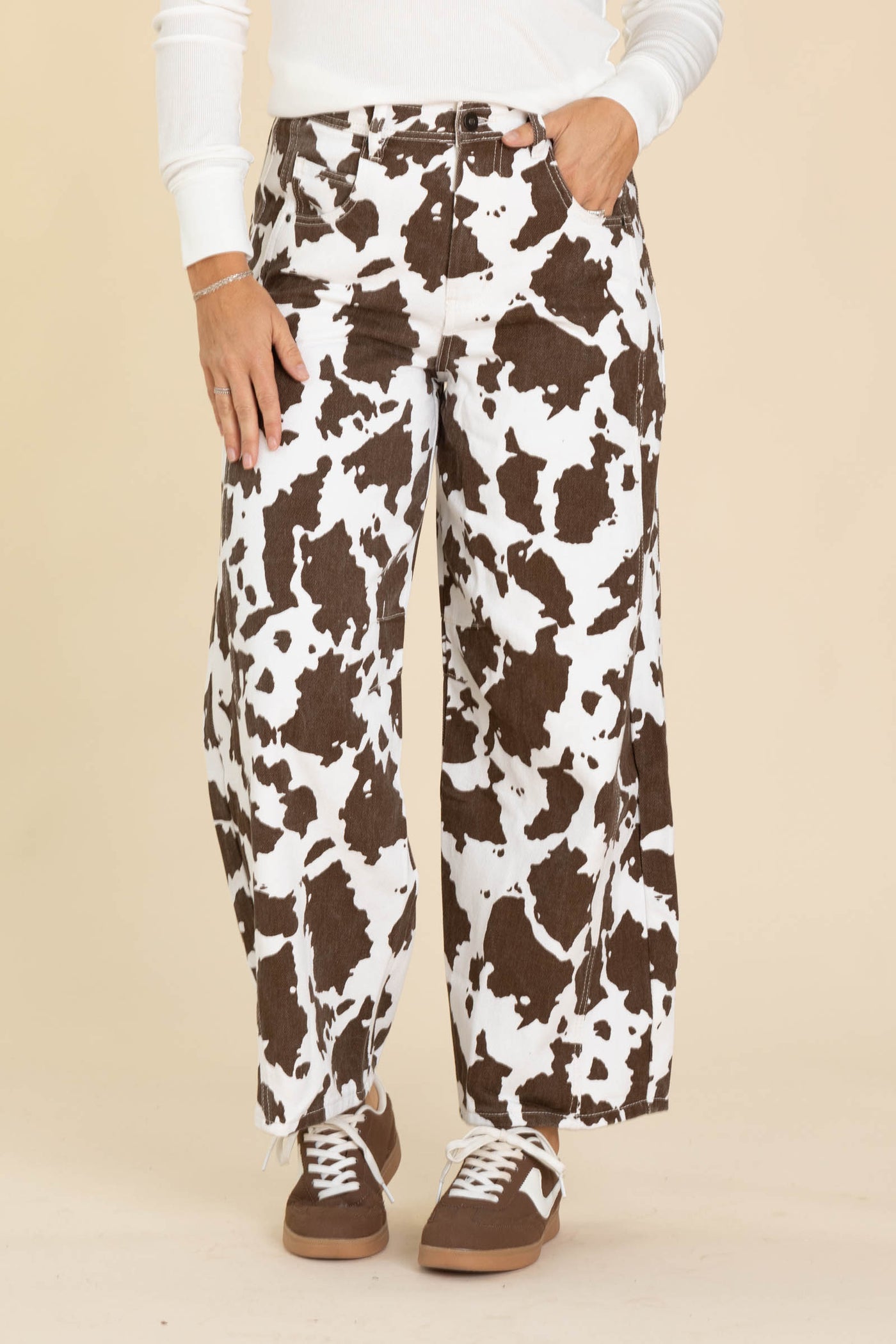 Brown And White Cow Print Barrel Pants