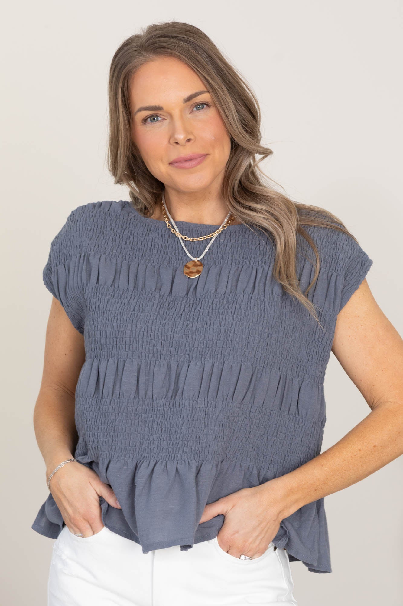 Ruched Crewneck Knit Tops