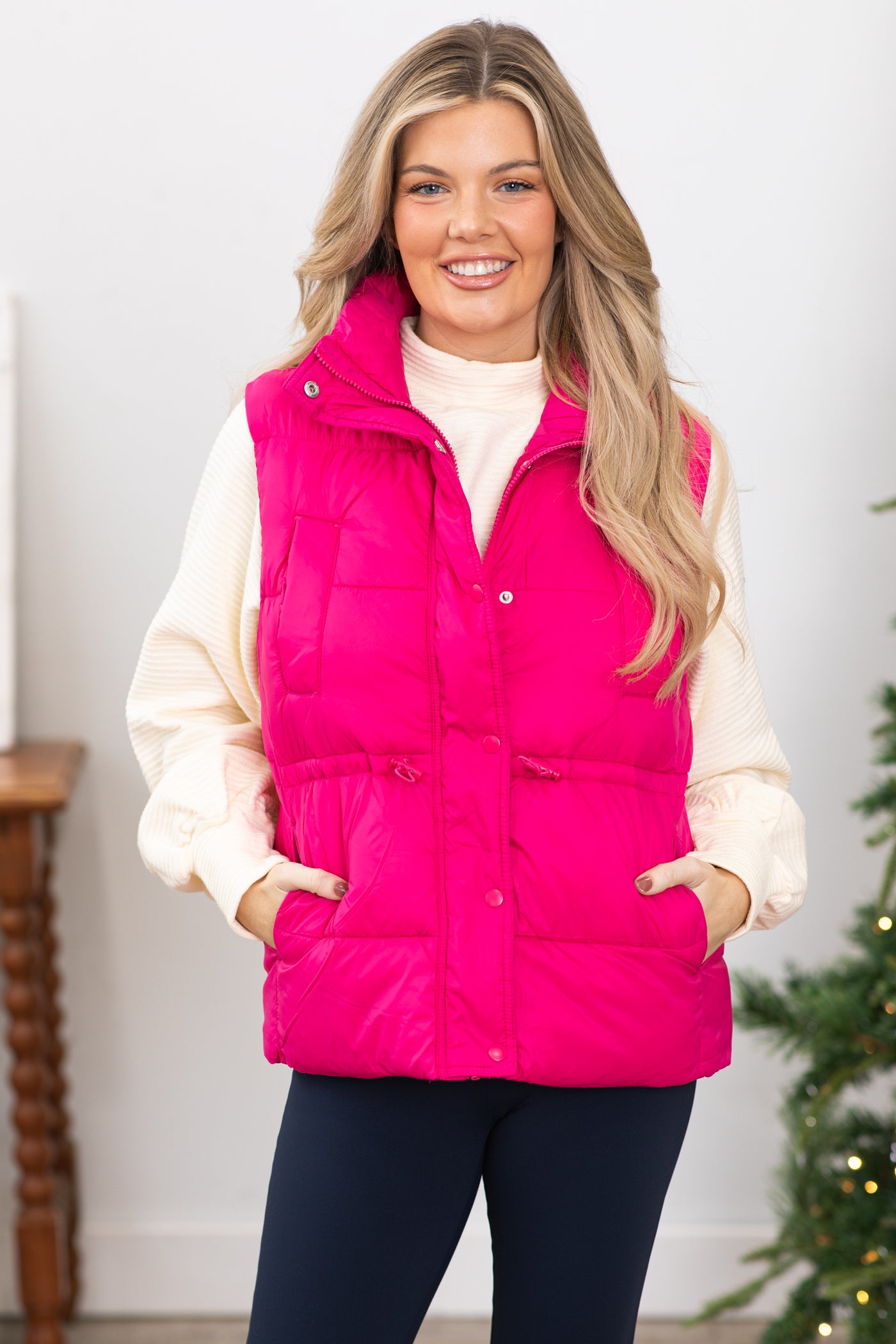Hot Pink Channel Quilted Puffer Vest