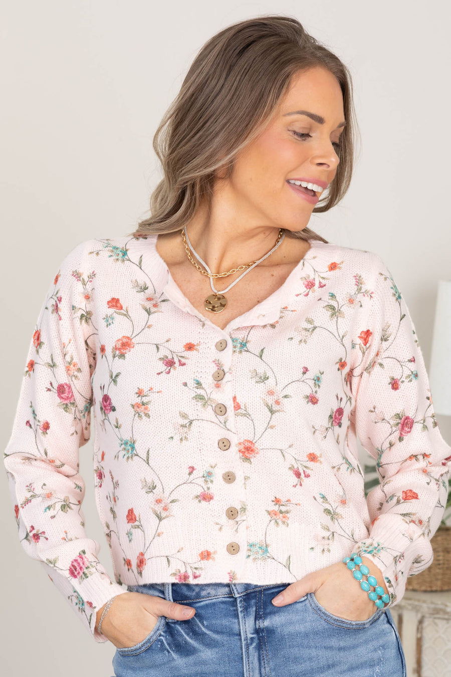 Blush Floral Print Button Front Sweater Cardigan
