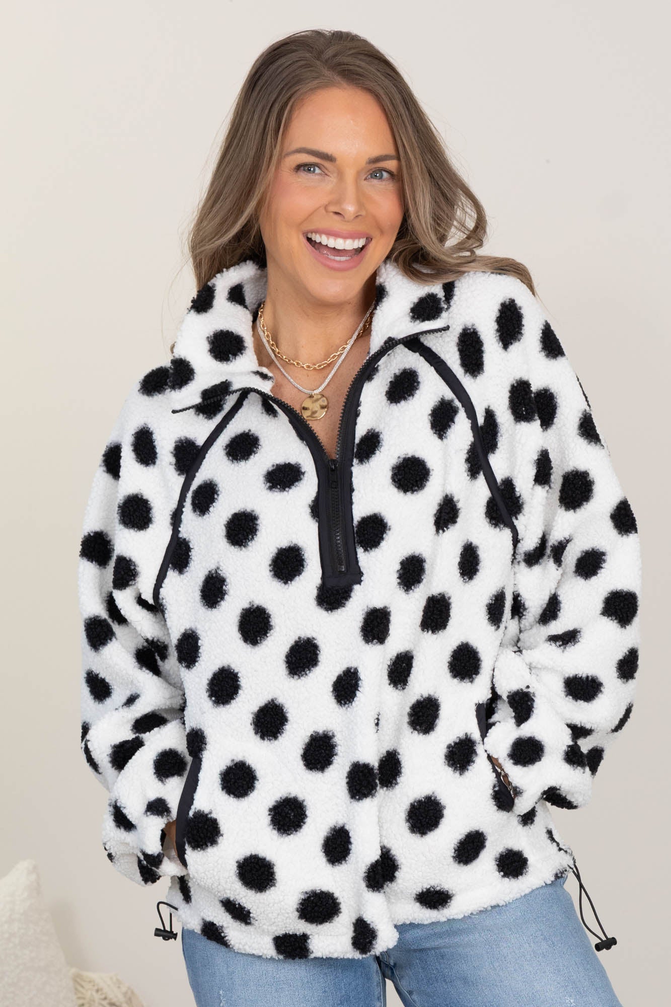 White Fleece Dots Half Zip Sweatshirt
