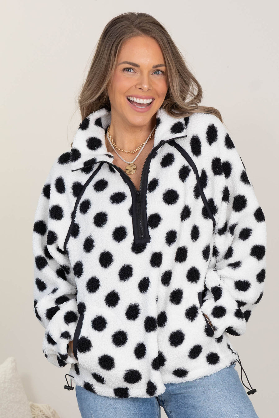 White Fleece Dots Half Zip Sweatshirt