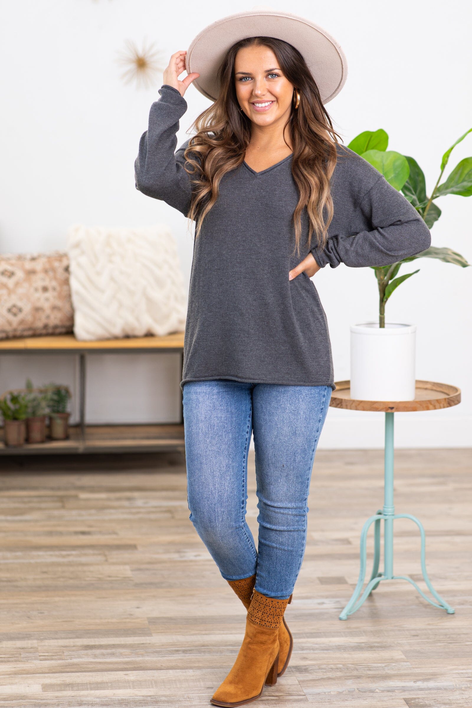 Graphite V-Neck Raw Edge Sweater - Filly Flair