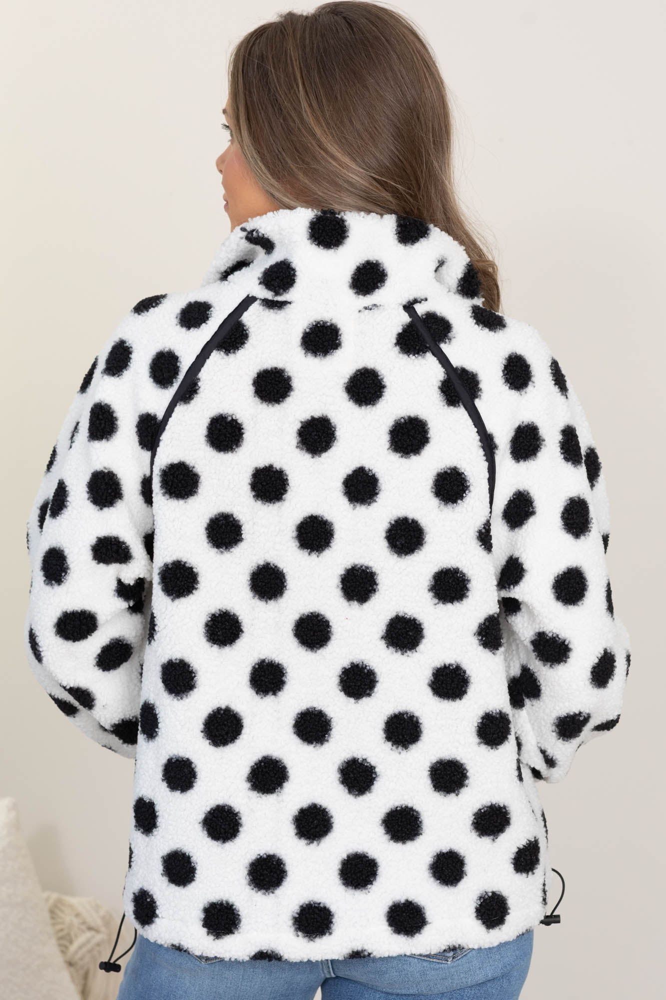 White Fleece Dots Half Zip Sweatshirt