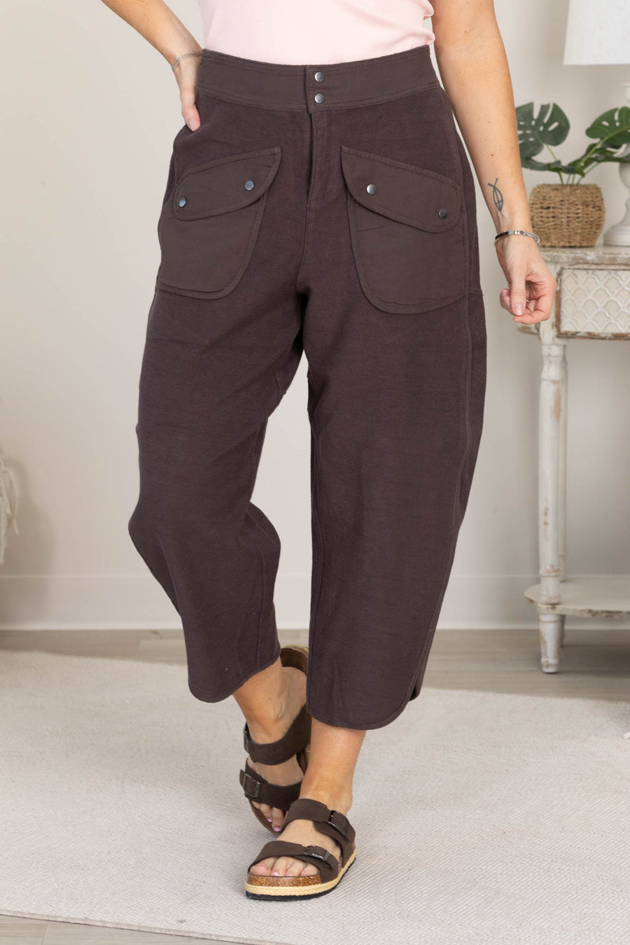 Brown Washed Terry Pants With Pockets