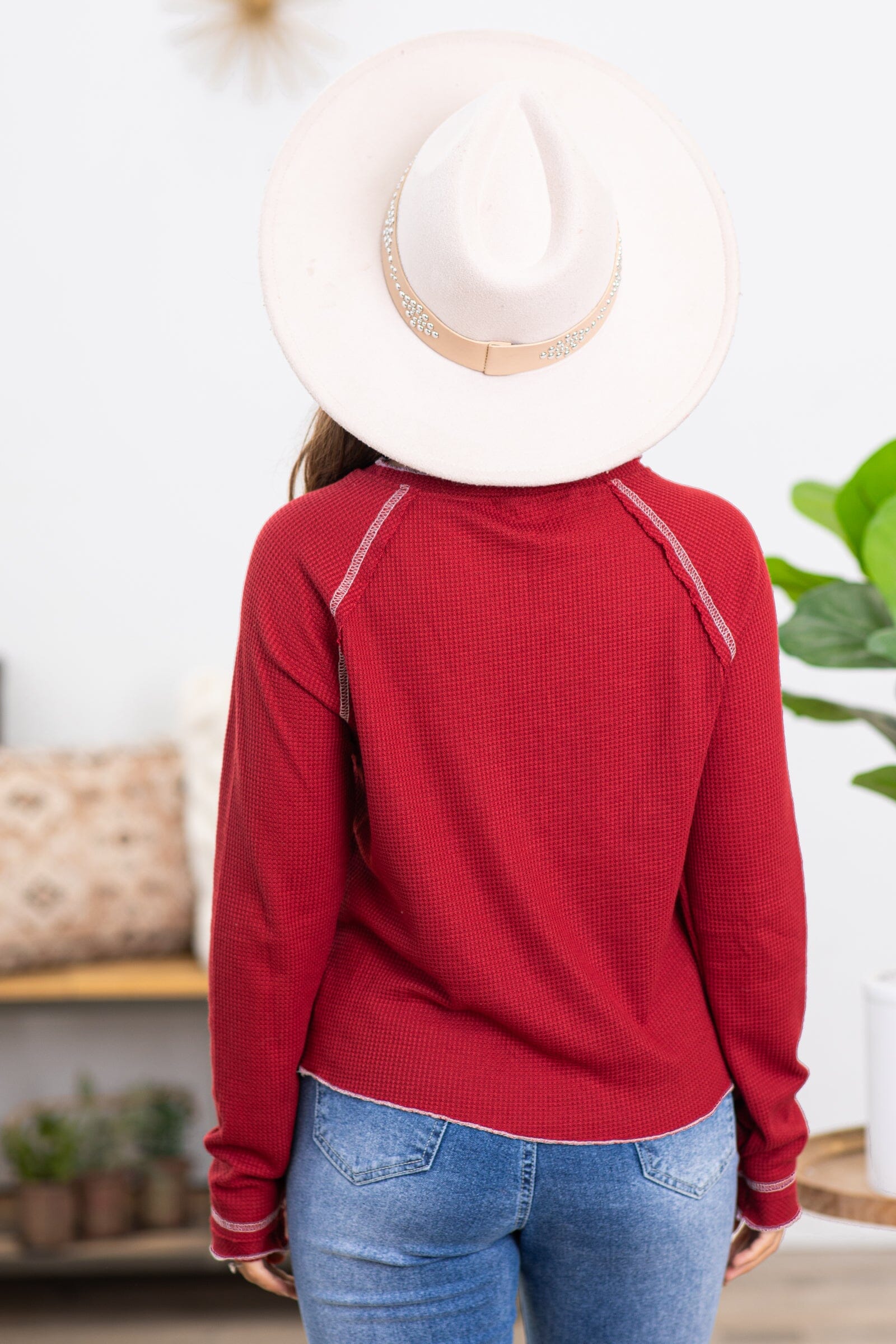 Cranberry Waffle Knit Contrast Stitch Top - Filly Flair