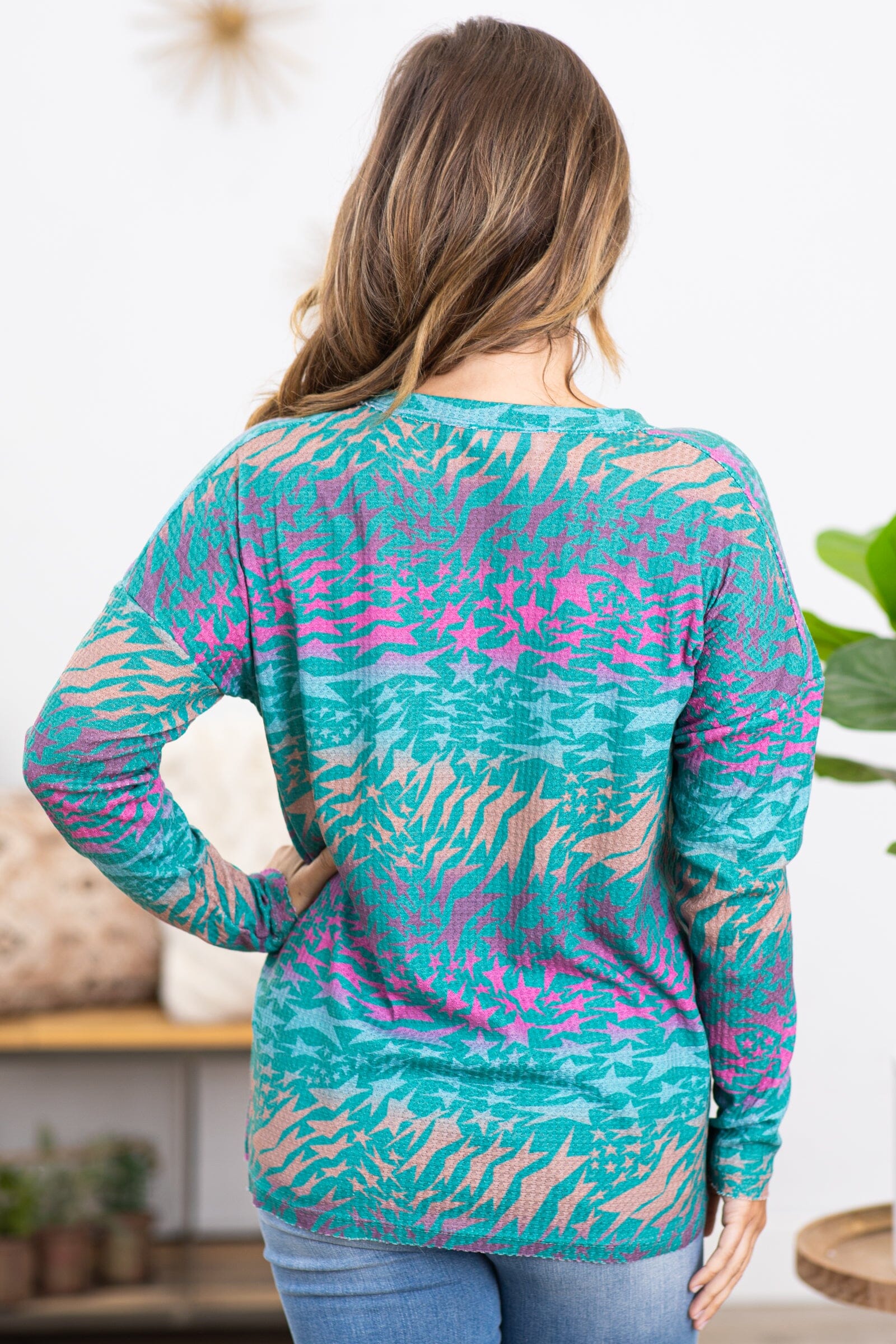 Turquoise Star Print Waffle Knit Top - Filly Flair