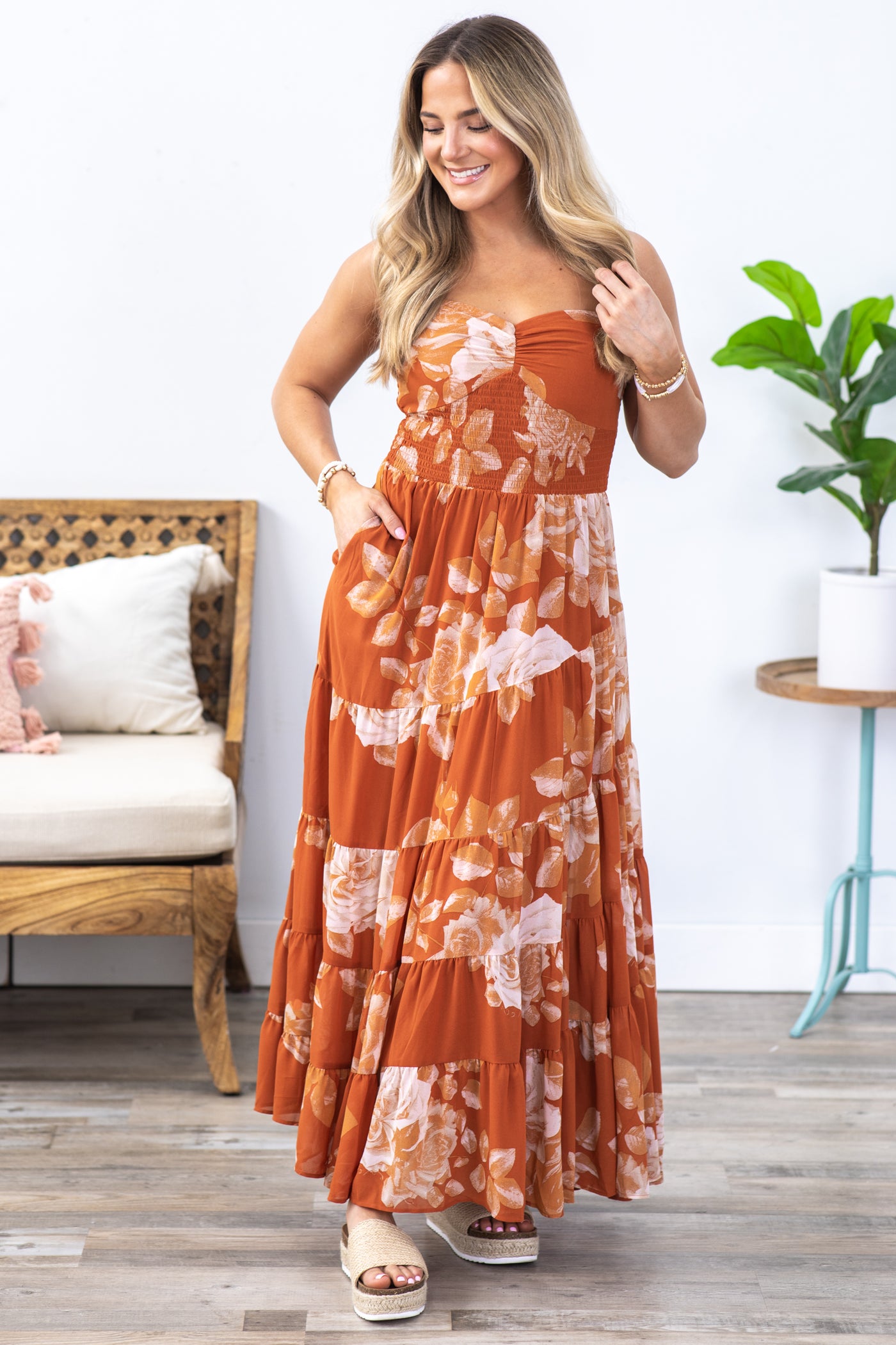 Burnt Orange Floral Spiral Tiered Maxi Dress · Filly Flair